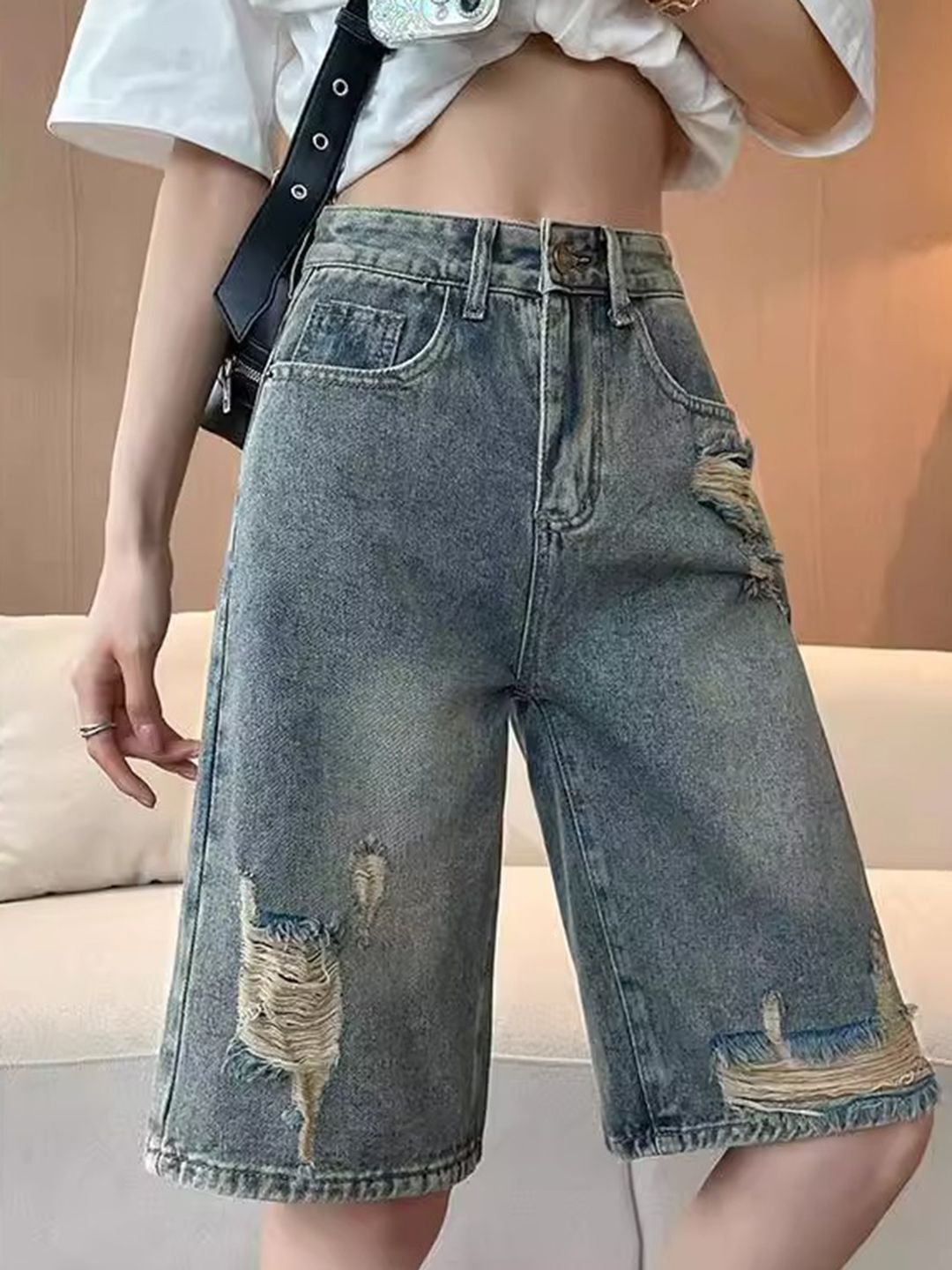 Cement Grey Loose Fit High-Rise Denim Shorts