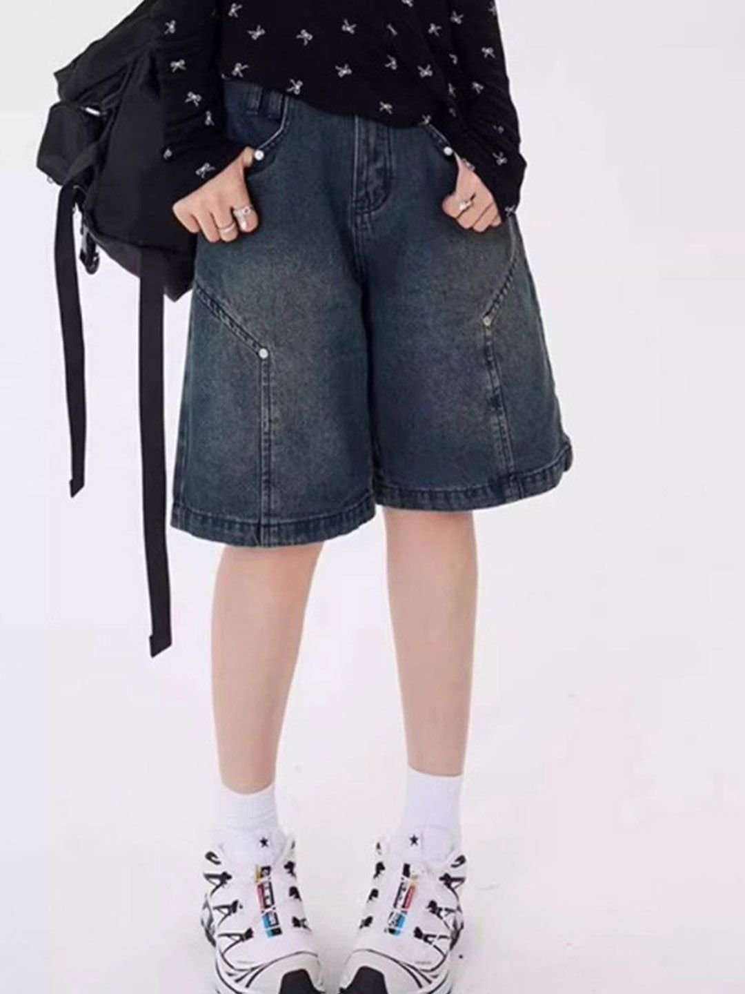 Blue Loose Fit High-Rise Denim Shorts