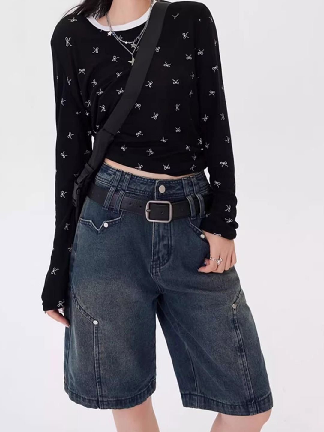 Blue Loose Fit High-Rise Denim Shorts