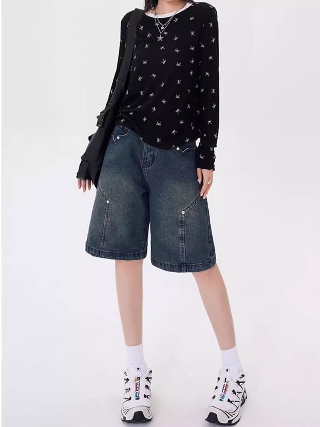 Blue Loose Fit High-Rise Denim Shorts
