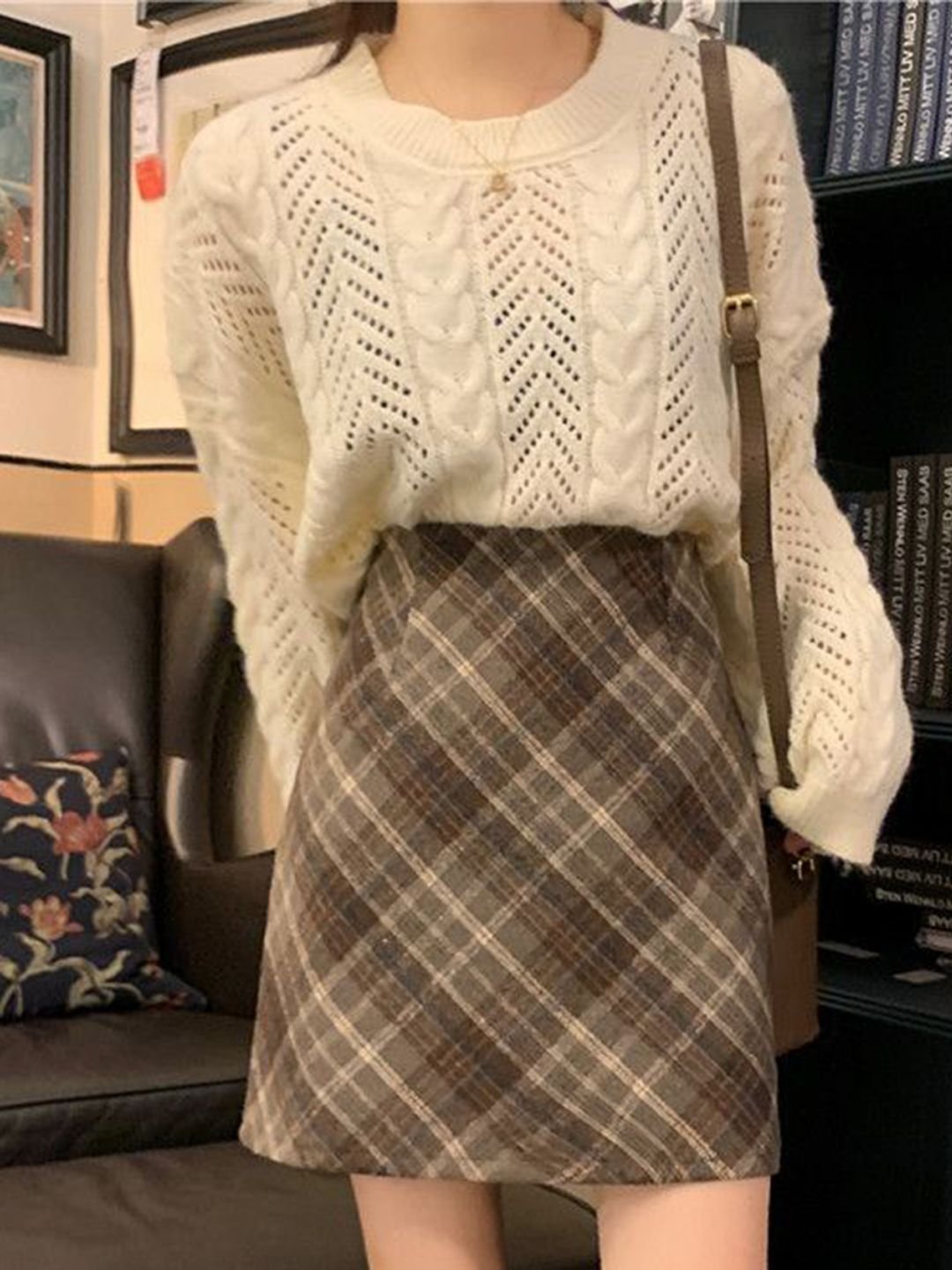 Brown Checked Mini Skirt