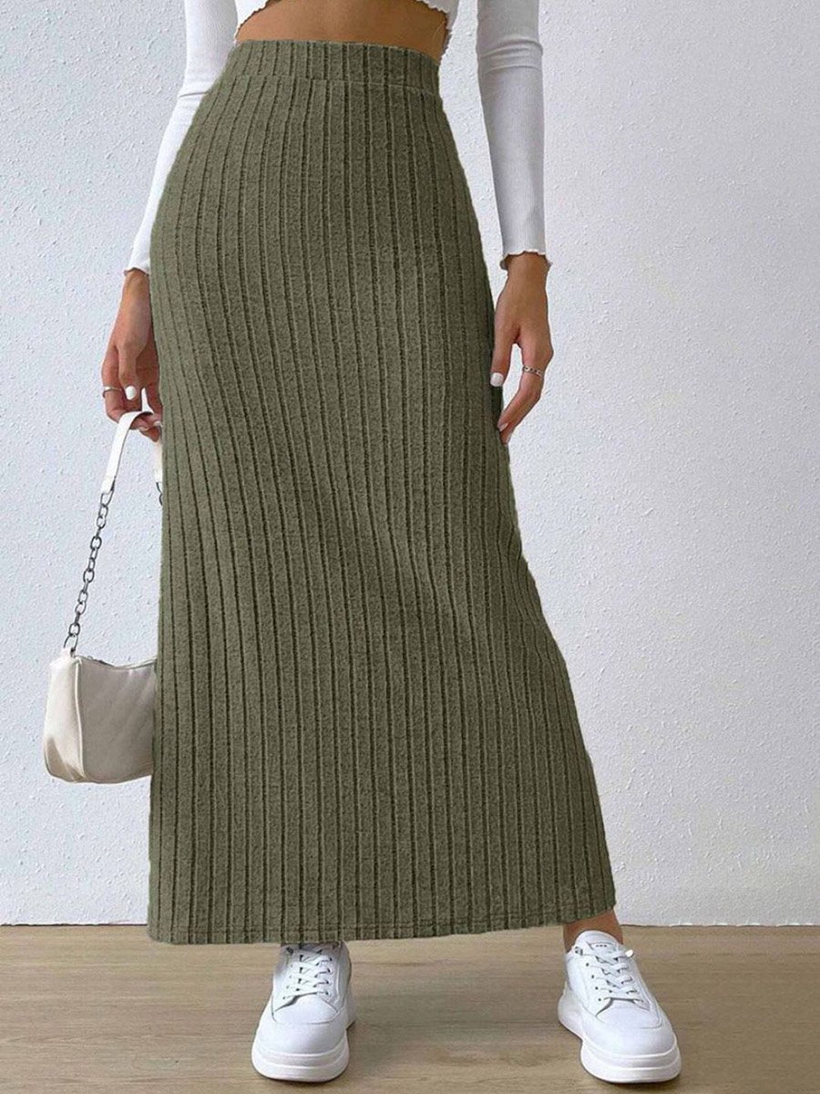 Olive Solid Midi Skirt with Side Slit