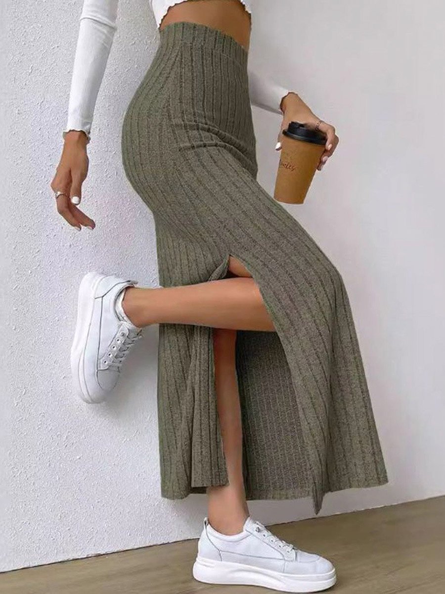 Olive Solid Midi Skirt with Side Slit