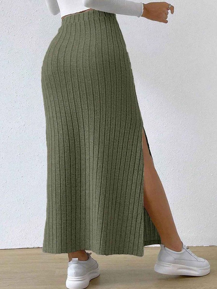 Olive Solid Midi Skirt with Side Slit
