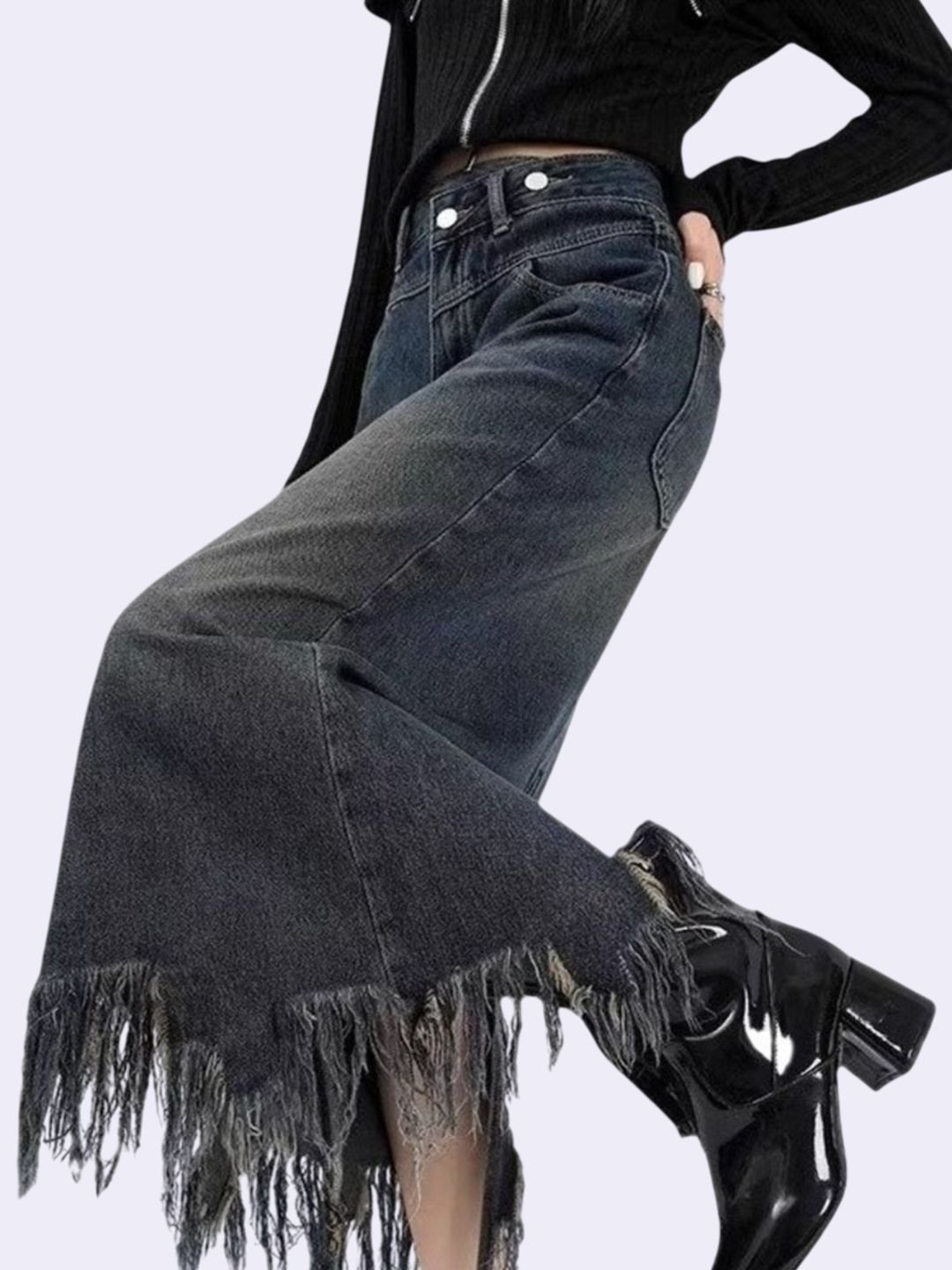 Frayed Hem Denim Midi Skirt