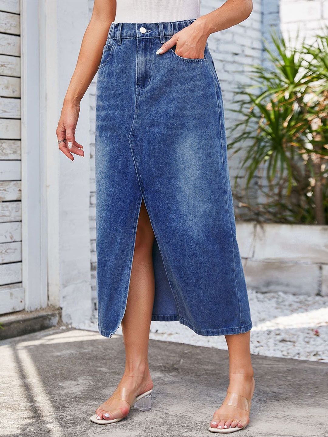Blue Denim Midi Skirt with Slit