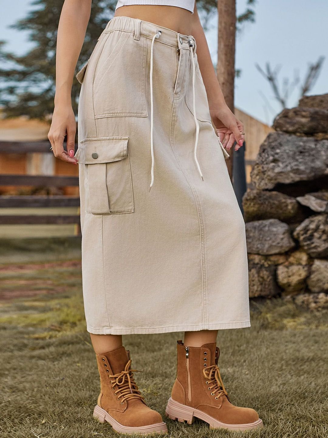Beige Solid A-Line Midi Skirt