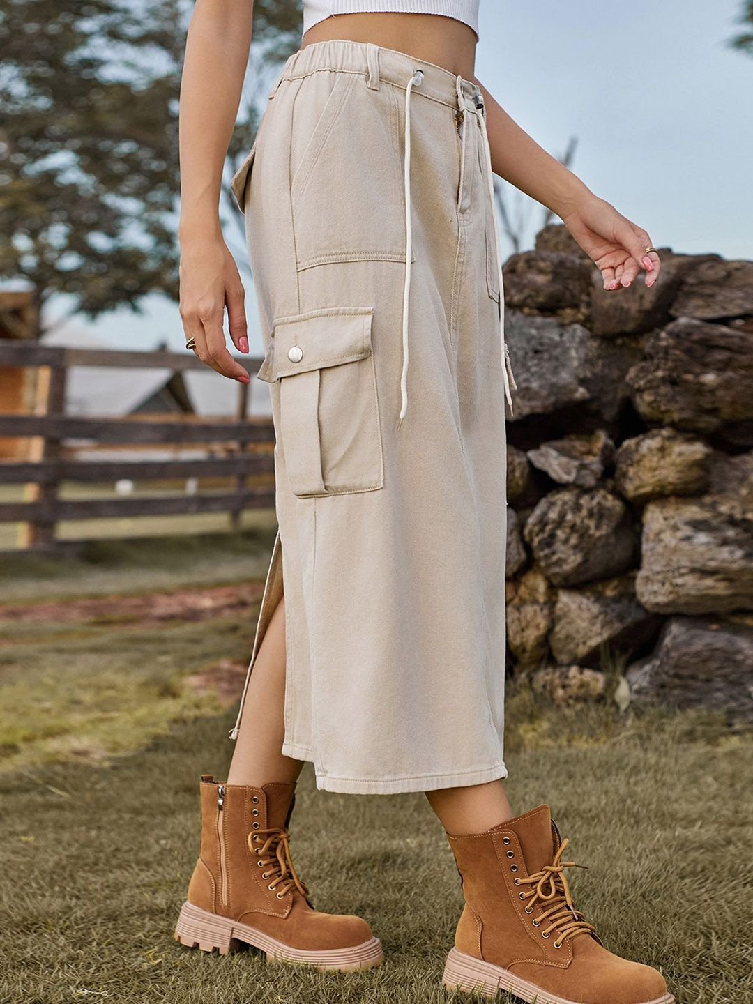 Beige Solid A-Line Midi Skirt