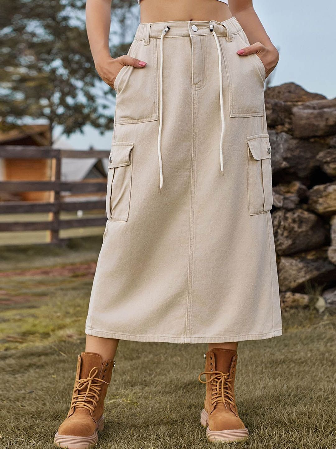 Beige Solid A-Line Midi Skirt