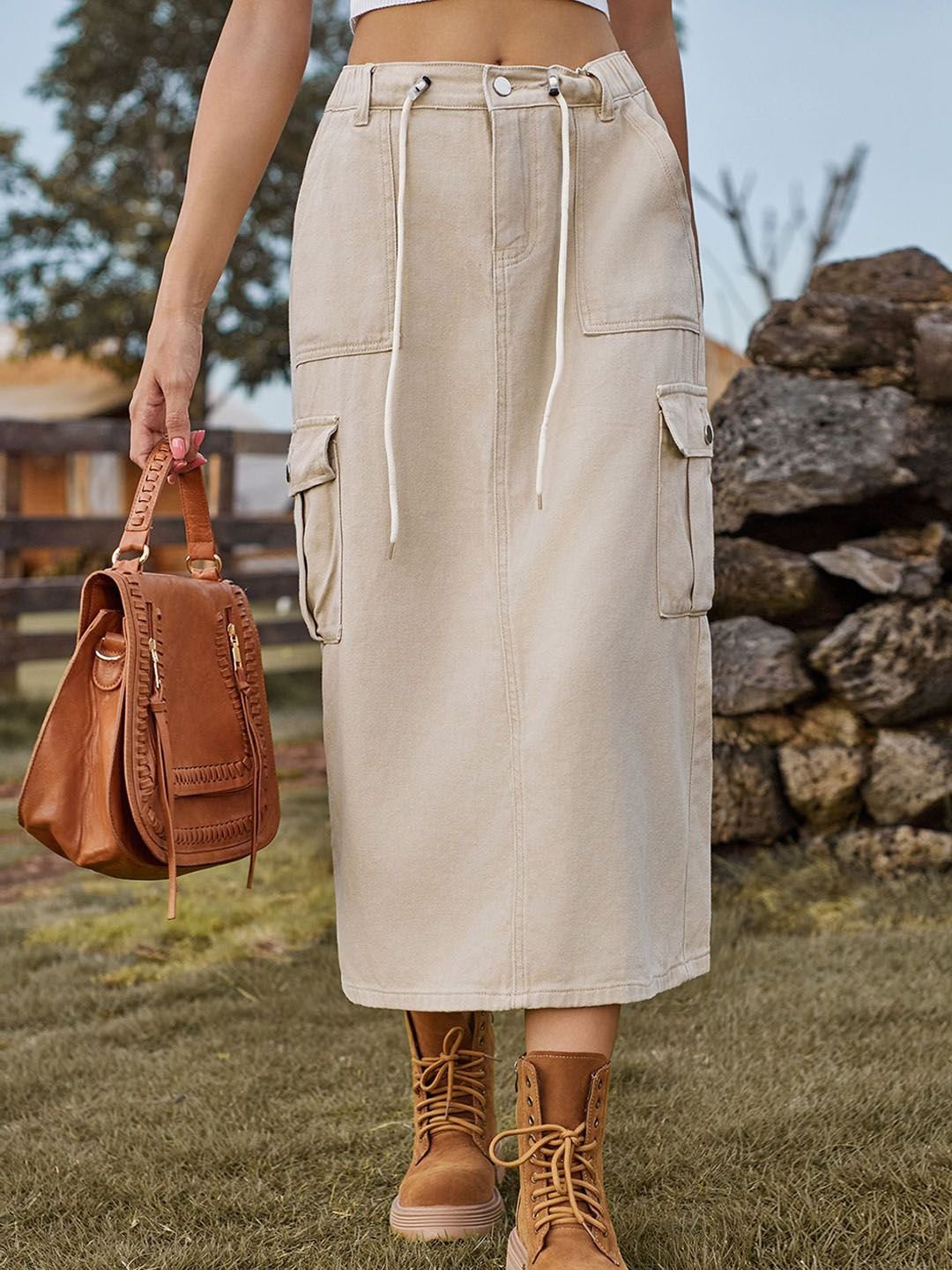 Beige Solid A-Line Midi Skirt