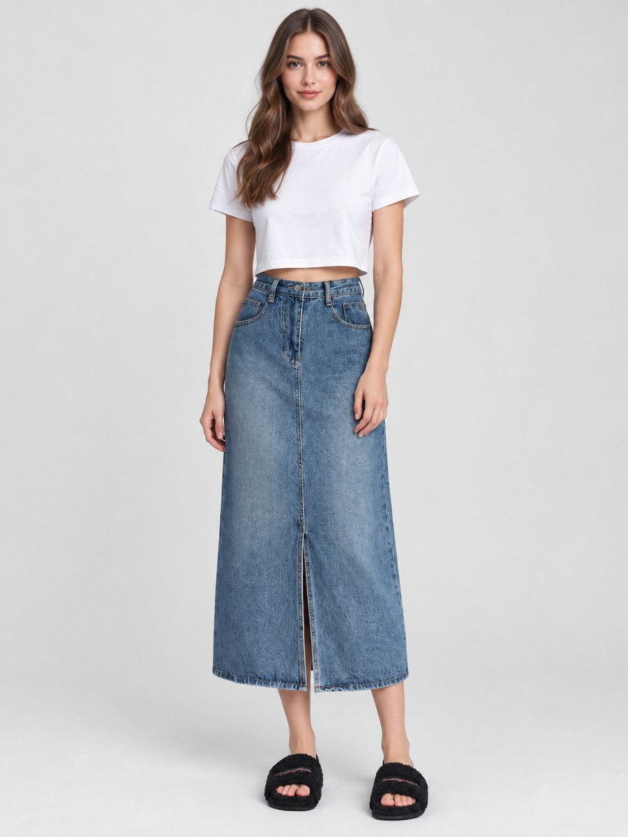 Blue Straight Fit Denim Midi Skirt