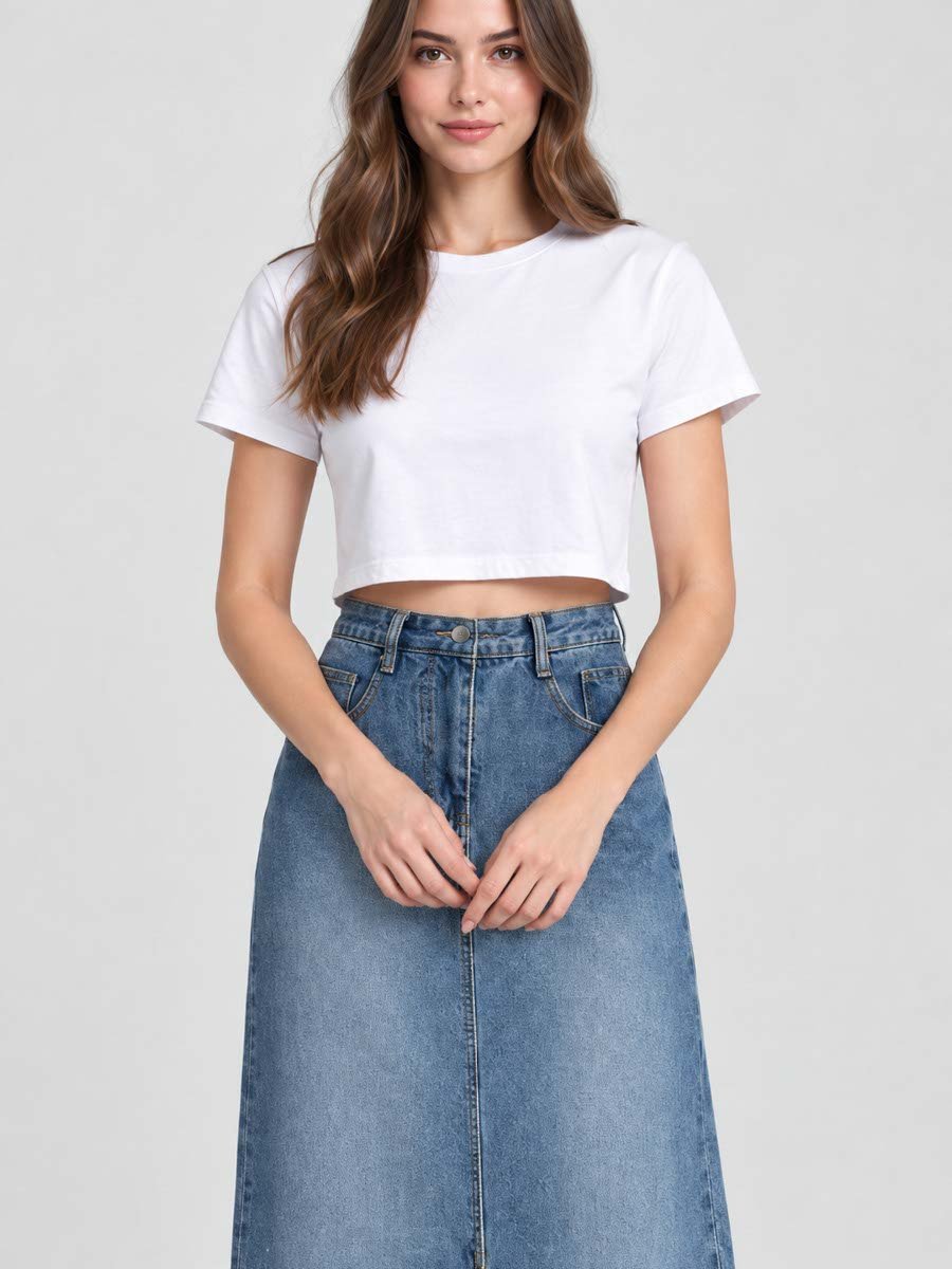 Blue Straight Fit Denim Midi Skirt
