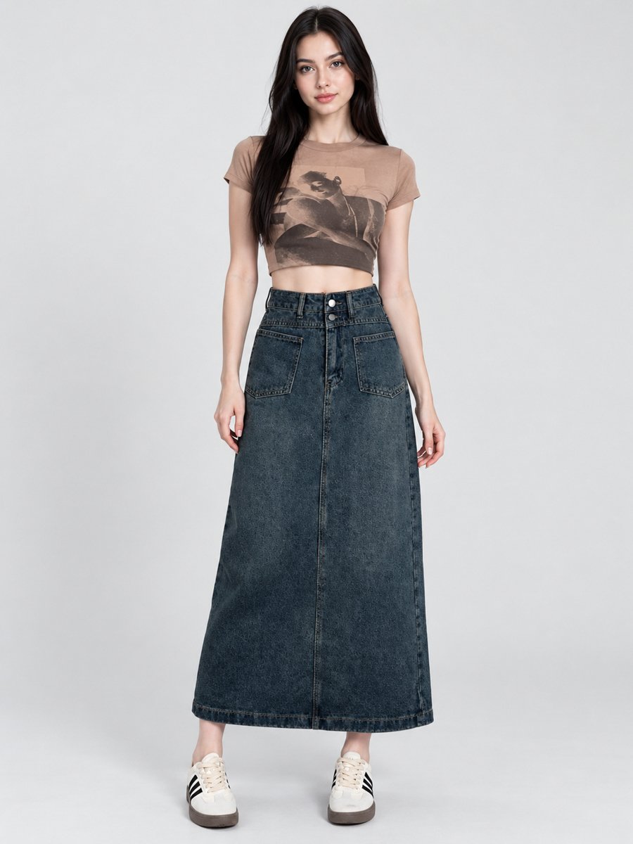 Charcoal Denim A-Line Midi Skirt