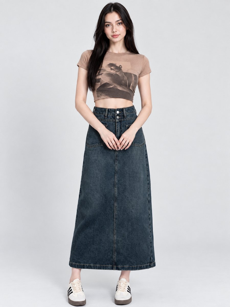 Charcoal Denim A-Line Midi Skirt
