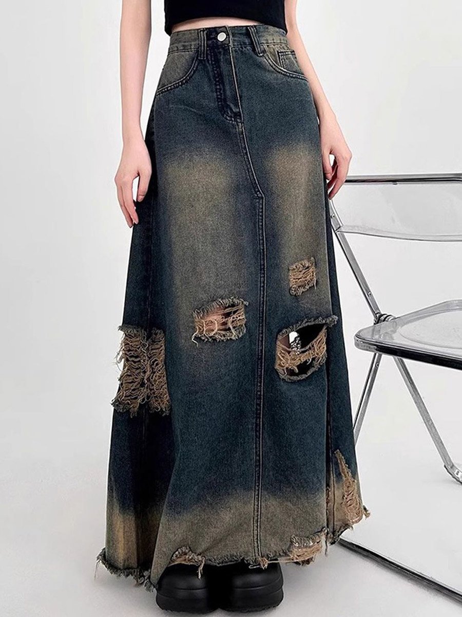 Blue Distressed Denim Maxi Skirt
