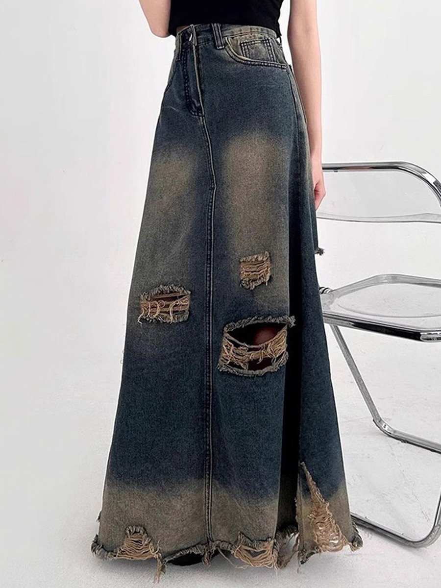 Blue Distressed Denim Maxi Skirt
