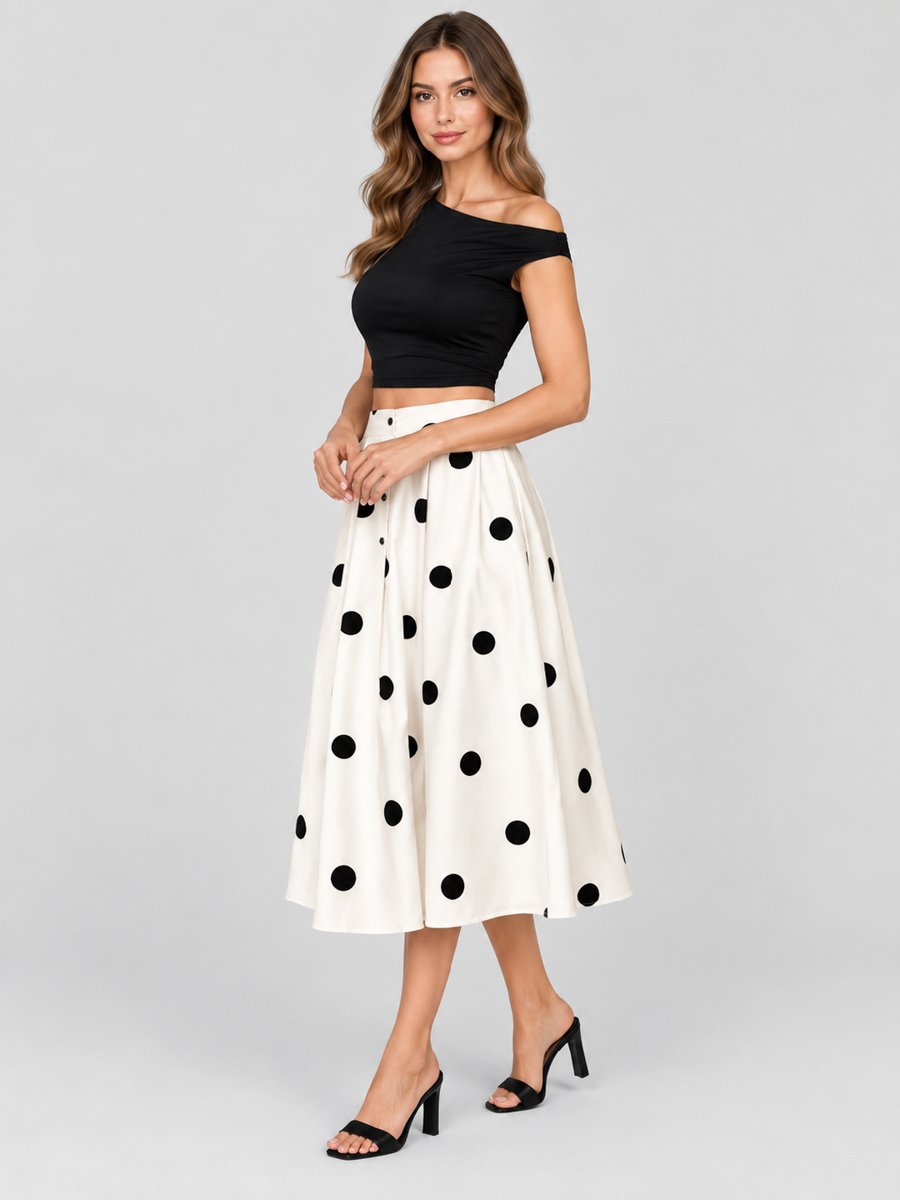 White Polka Dot Print Midi Skirt