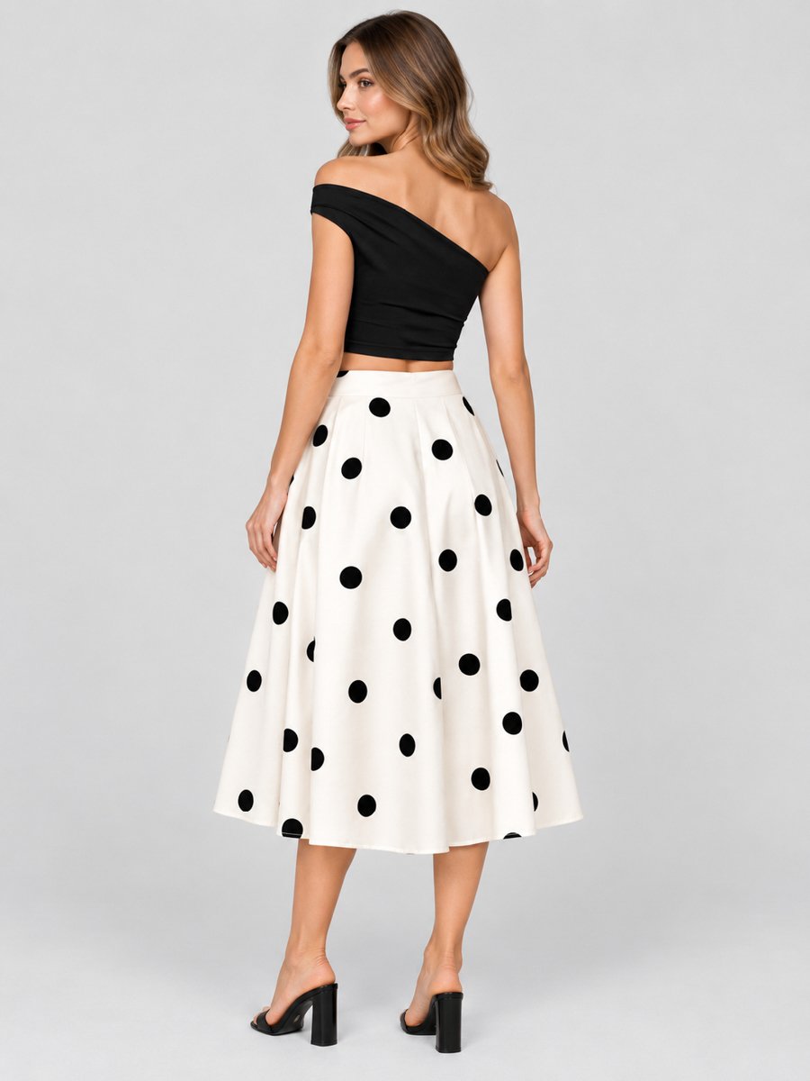 White Polka Dot Print Midi Skirt