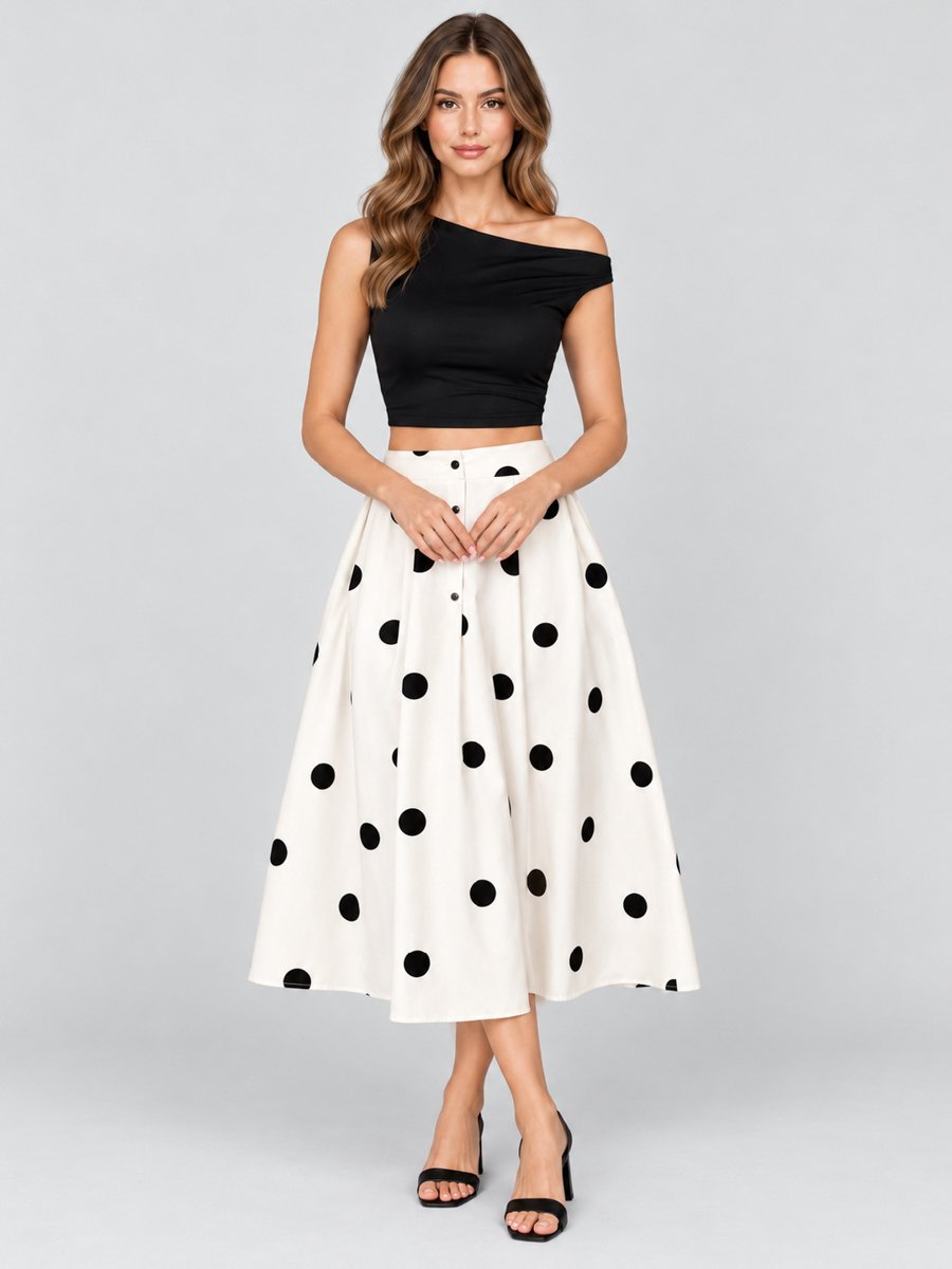 White Polka Dot Print Midi Skirt
