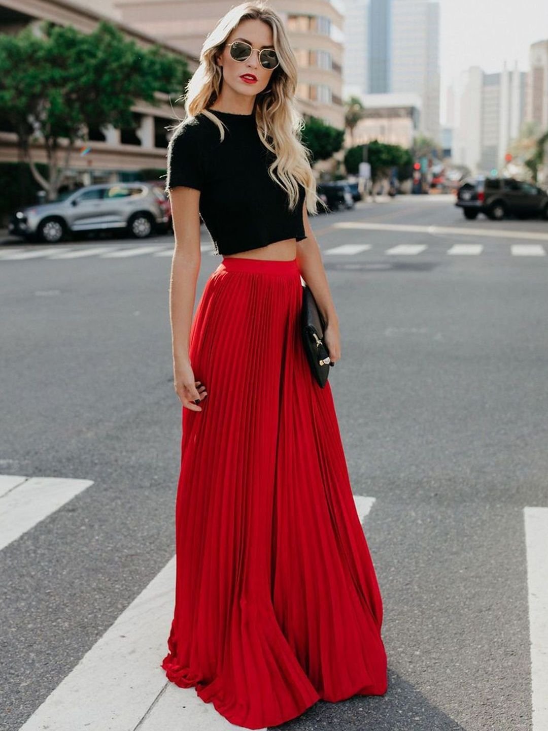 Red Pleated A-Line Maxi Skirt