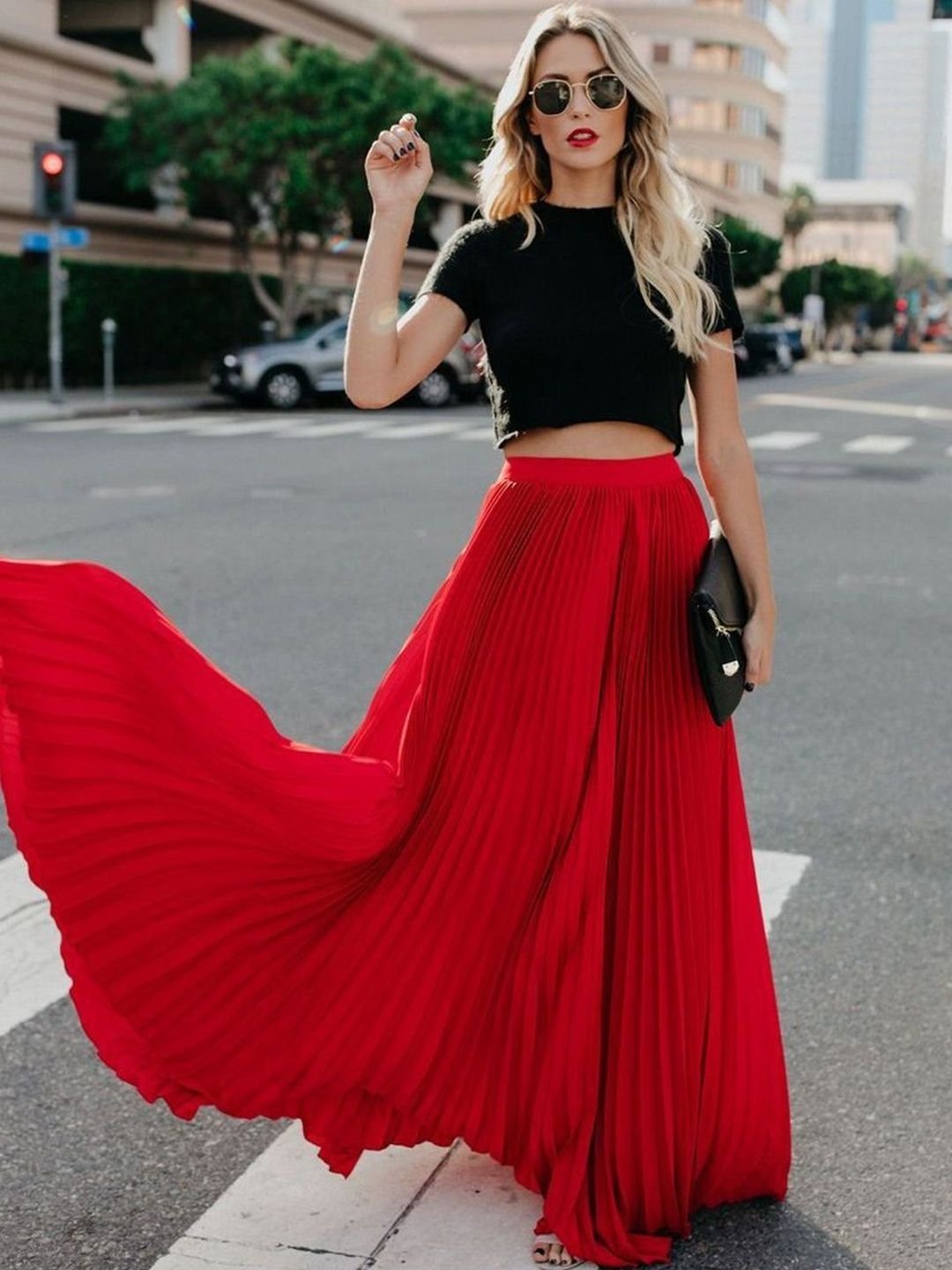 Red Pleated A-Line Maxi Skirt