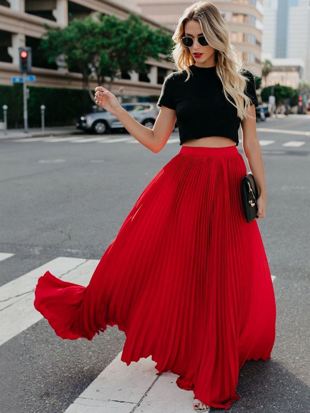 Red Pleated A-Line Maxi Skirt