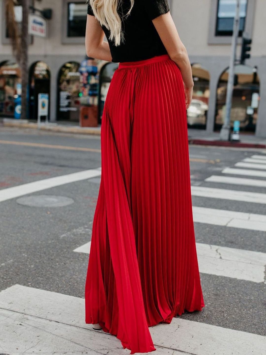 Red Pleated A-Line Maxi Skirt