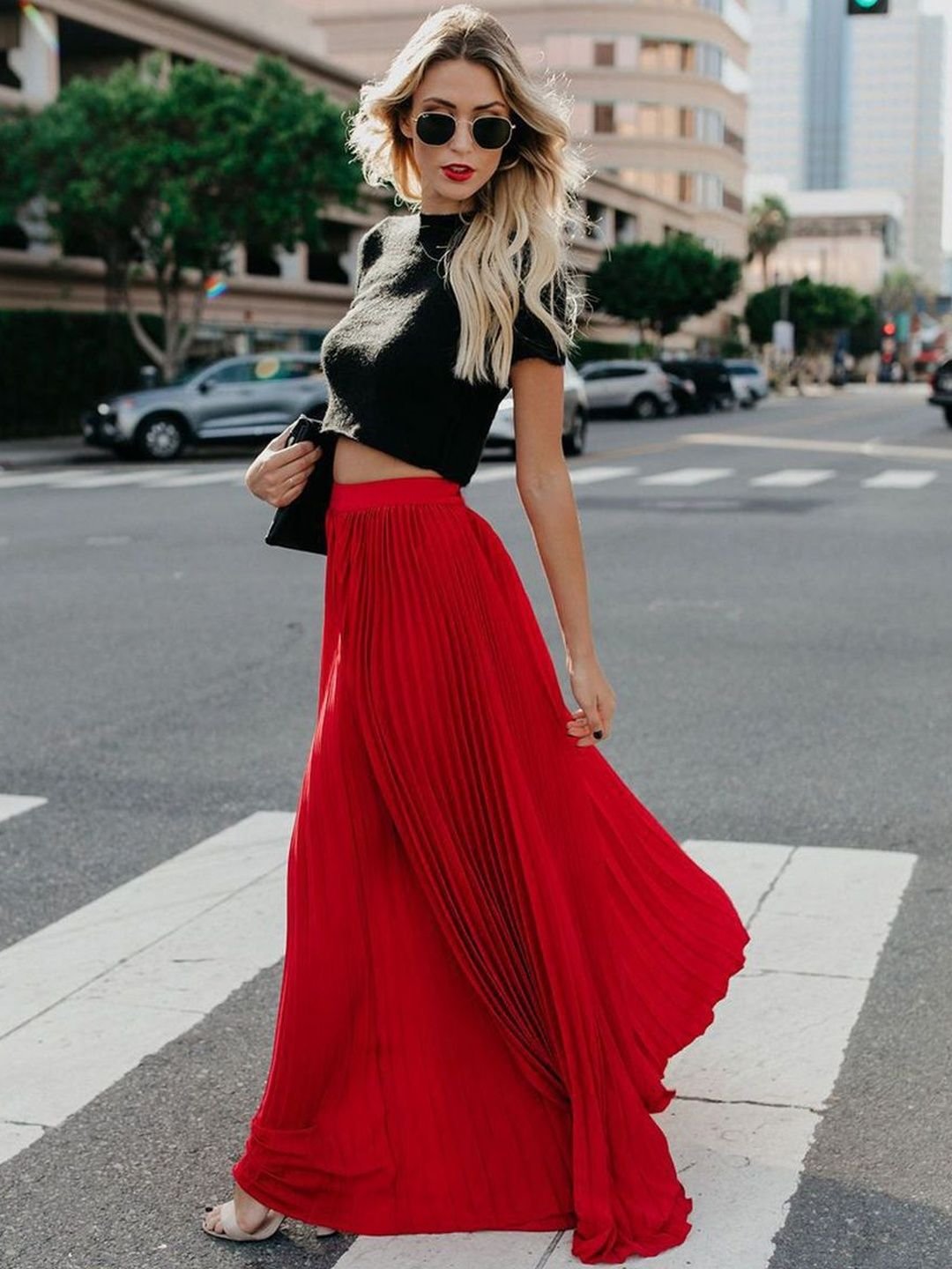 Red Pleated A-Line Maxi Skirt