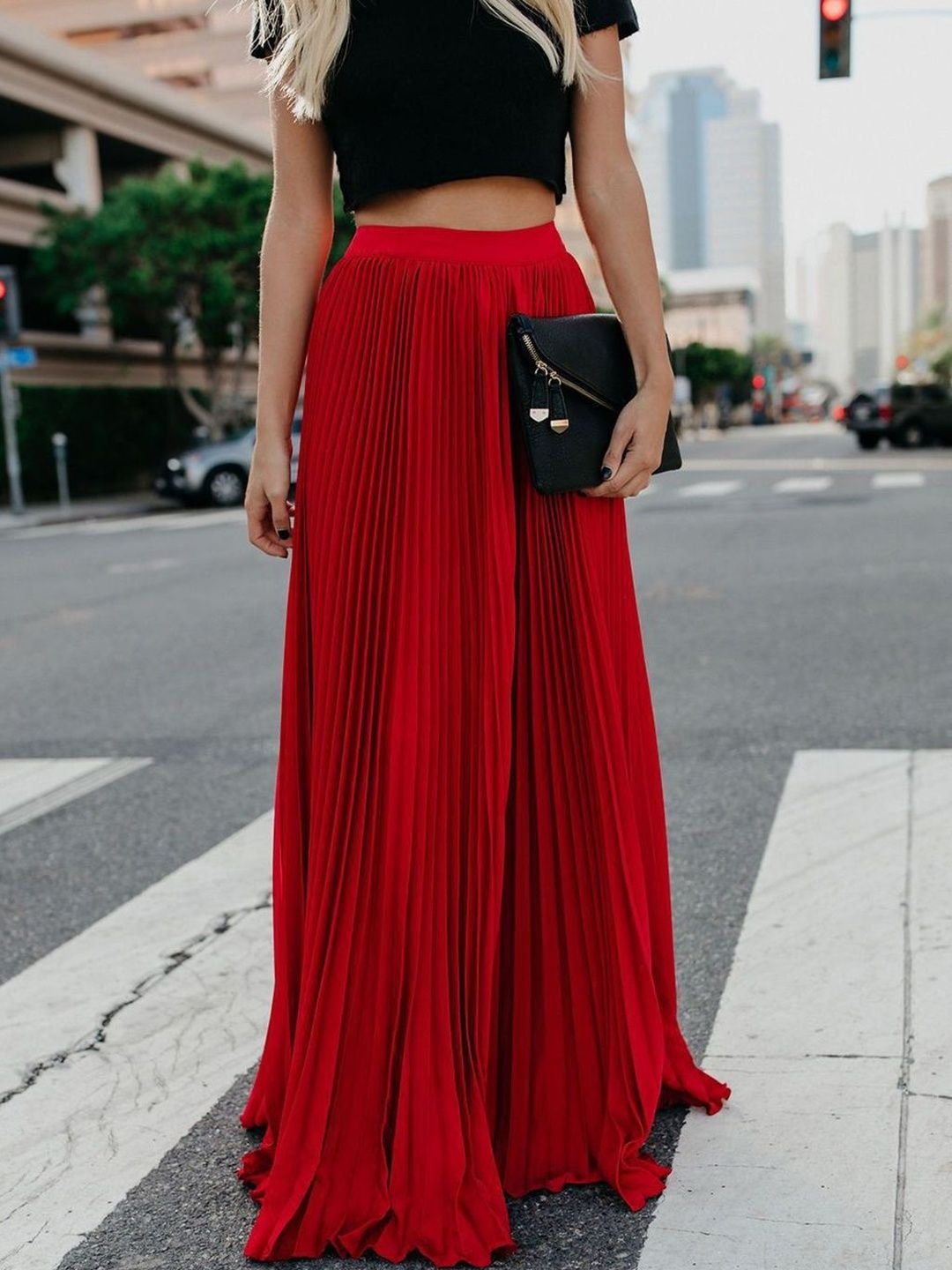 Red Pleated A-Line Maxi Skirt