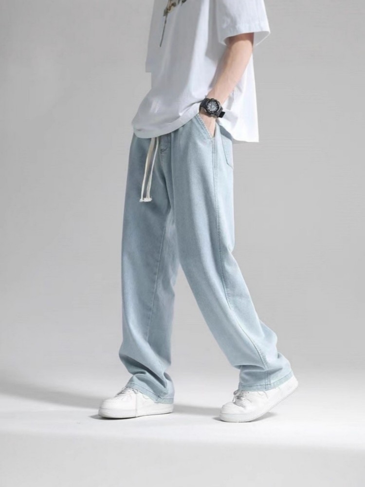Men Acid Blue Straight-Leg Drawstring Trousers