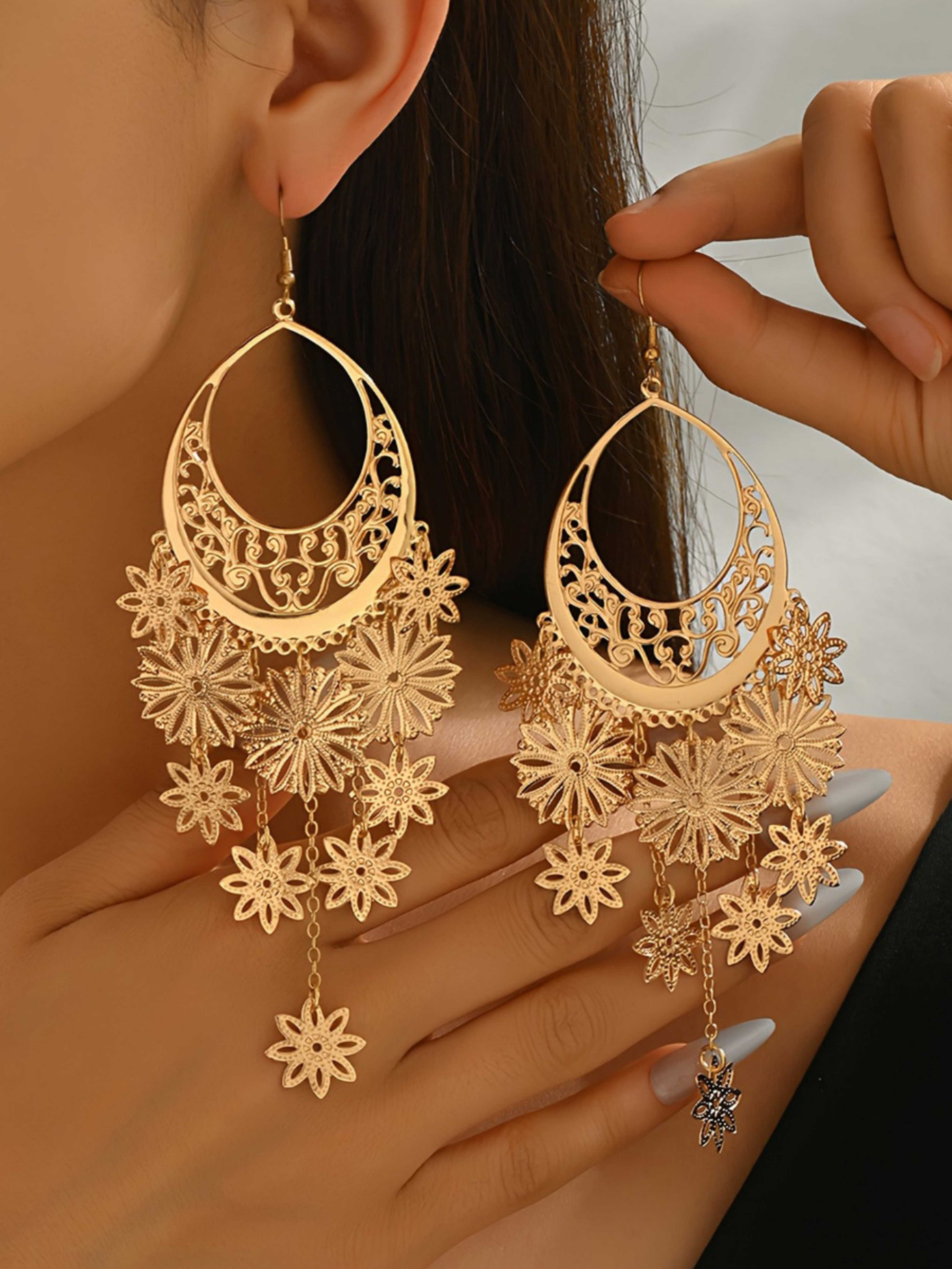 Gold Self Design Dangle Earrings