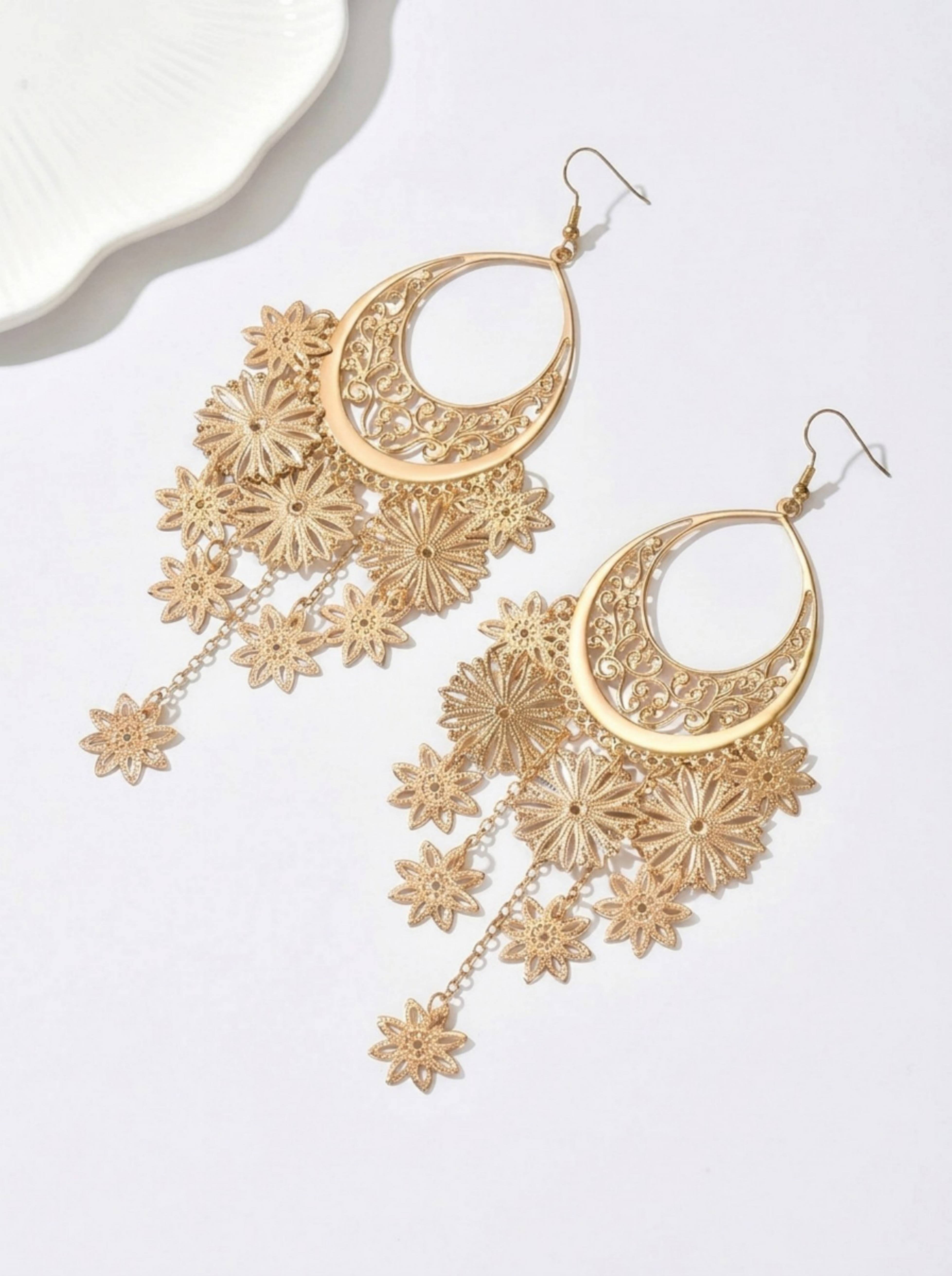 Gold Self Design Dangle Earrings