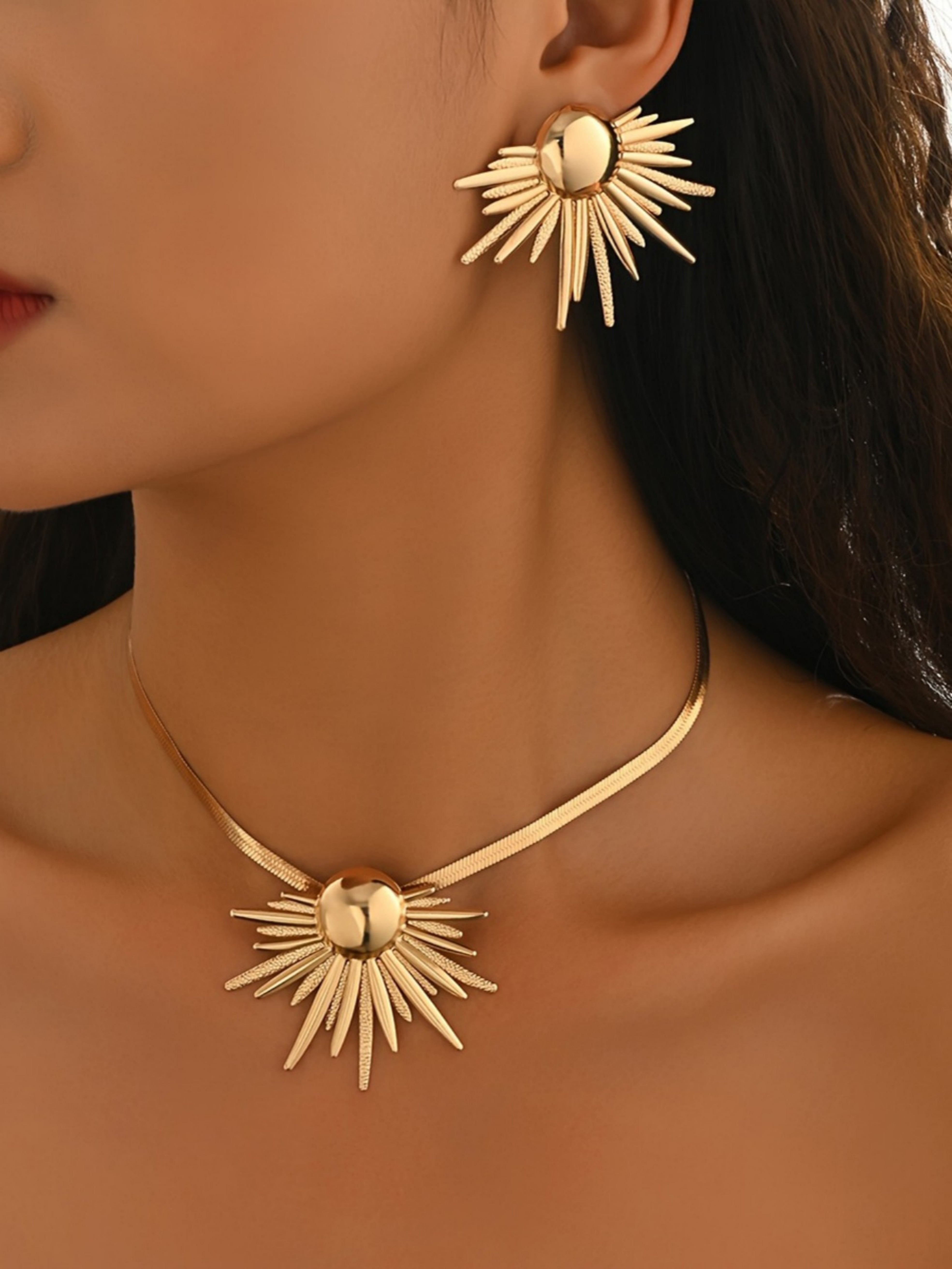 Gold Sunburst Necklace and Earrings Set