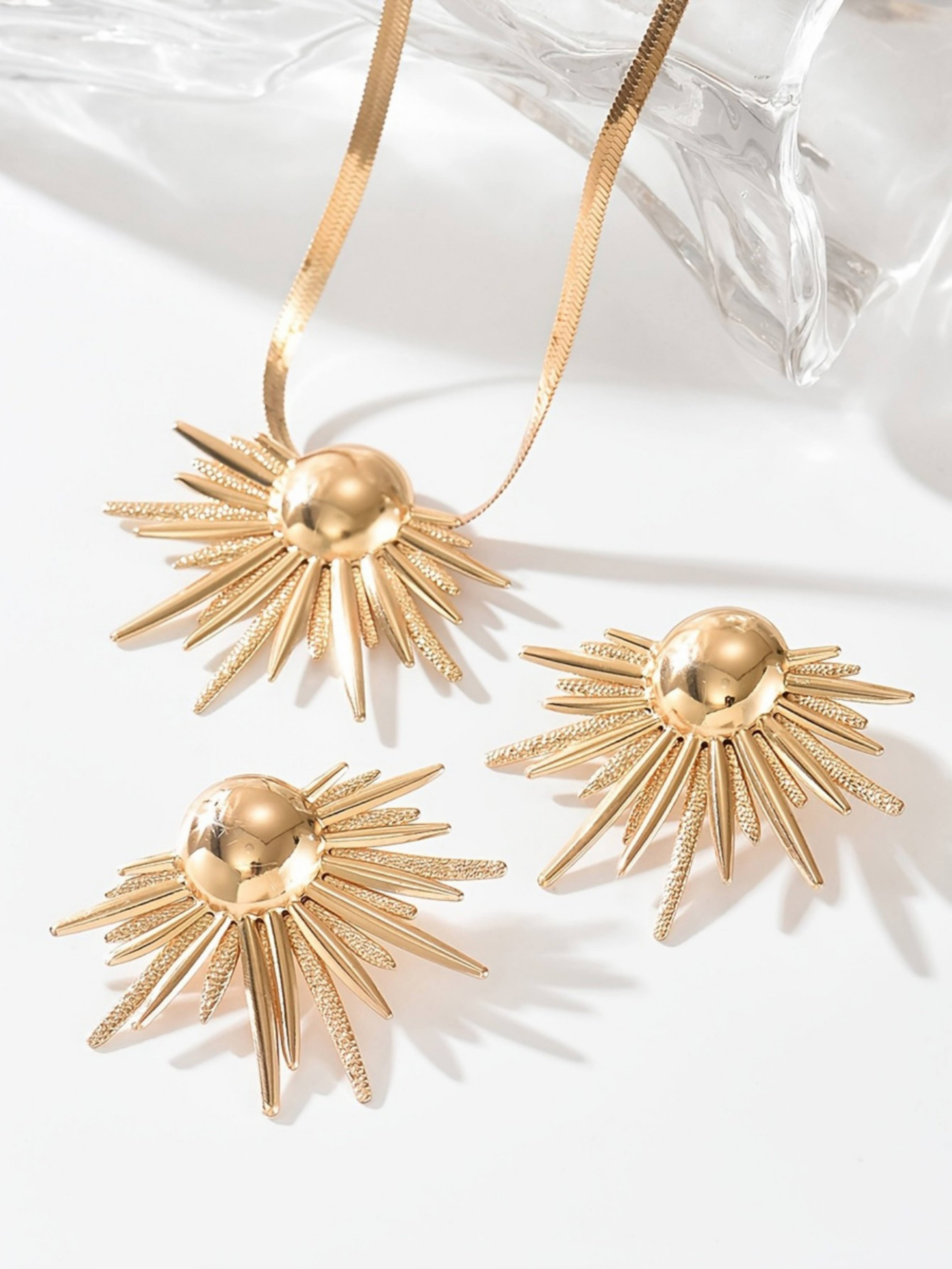 Gold Sunburst Necklace and Earrings Set