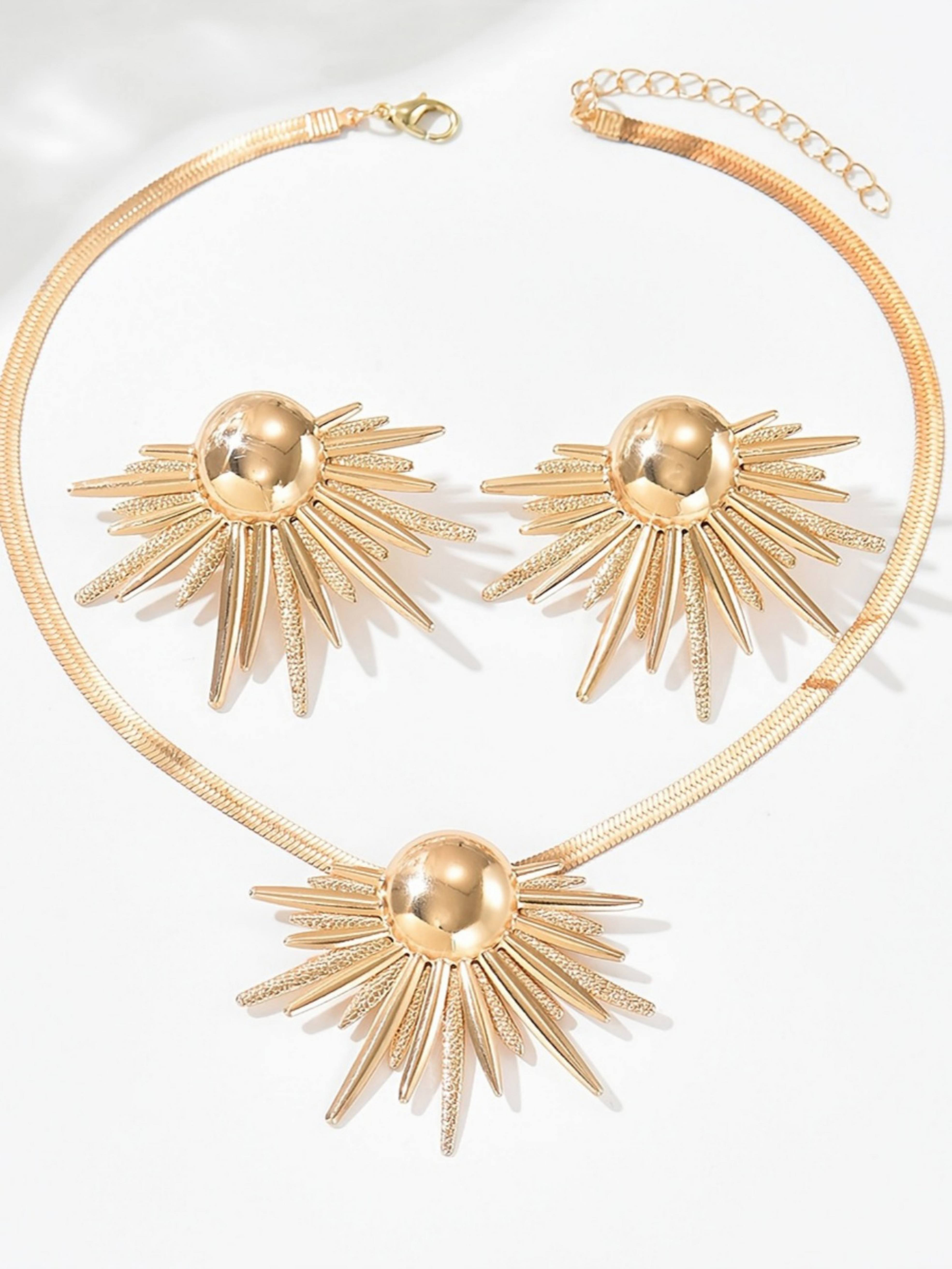 Gold Sunburst Necklace and Earrings Set