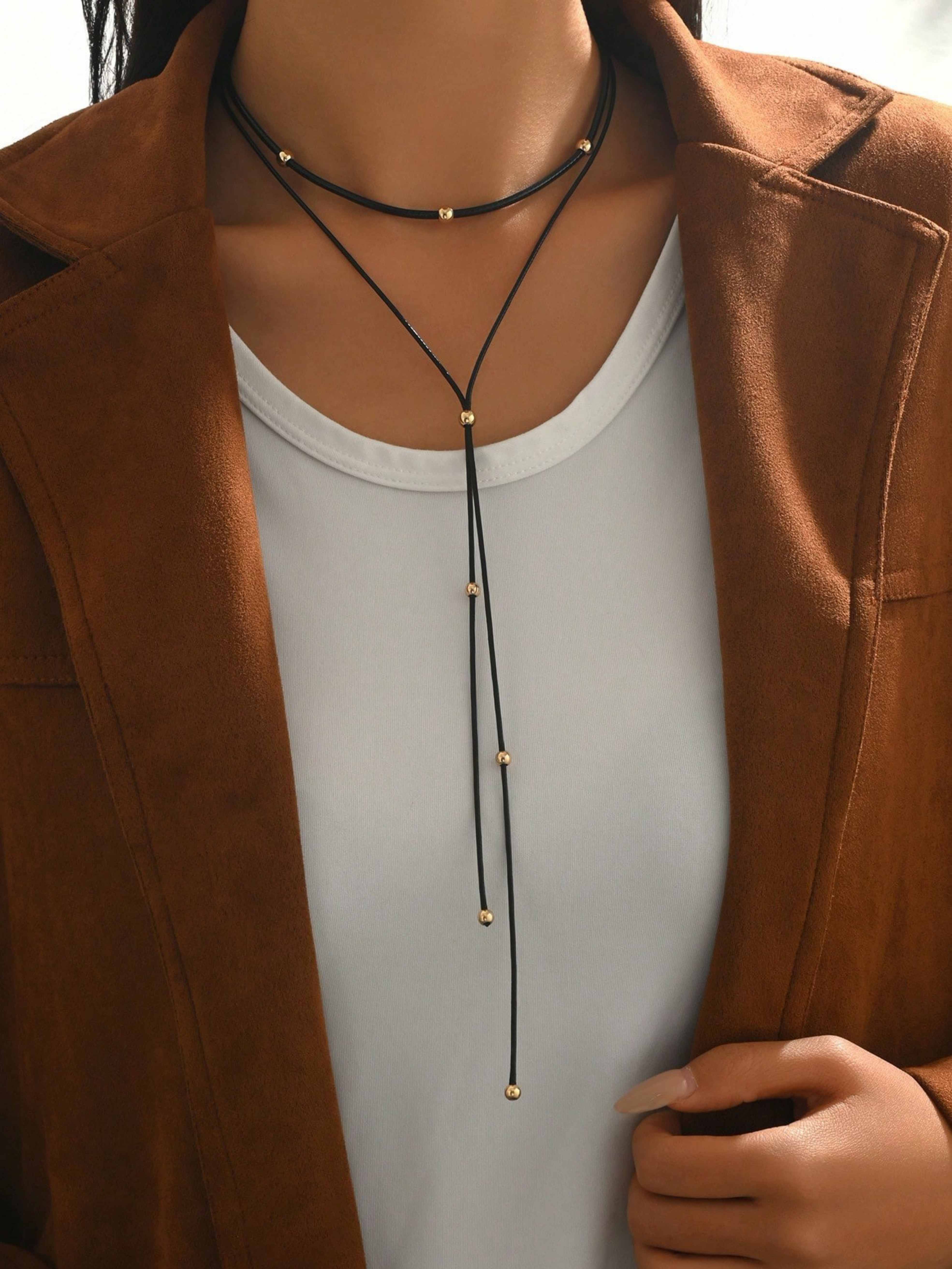 Black Cord Lariat Necklace with Gold Beads