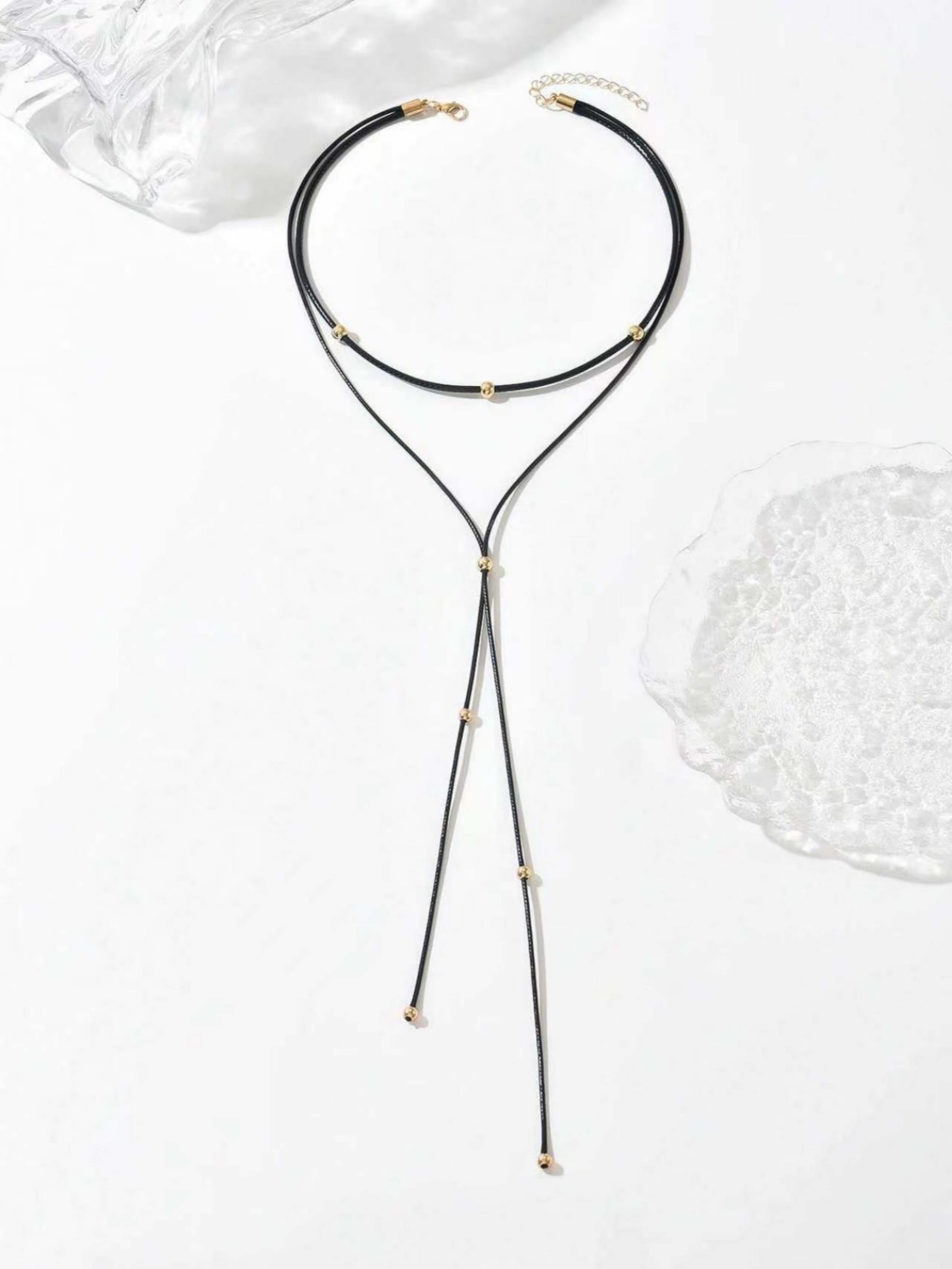 Black Cord Lariat Necklace with Gold Beads