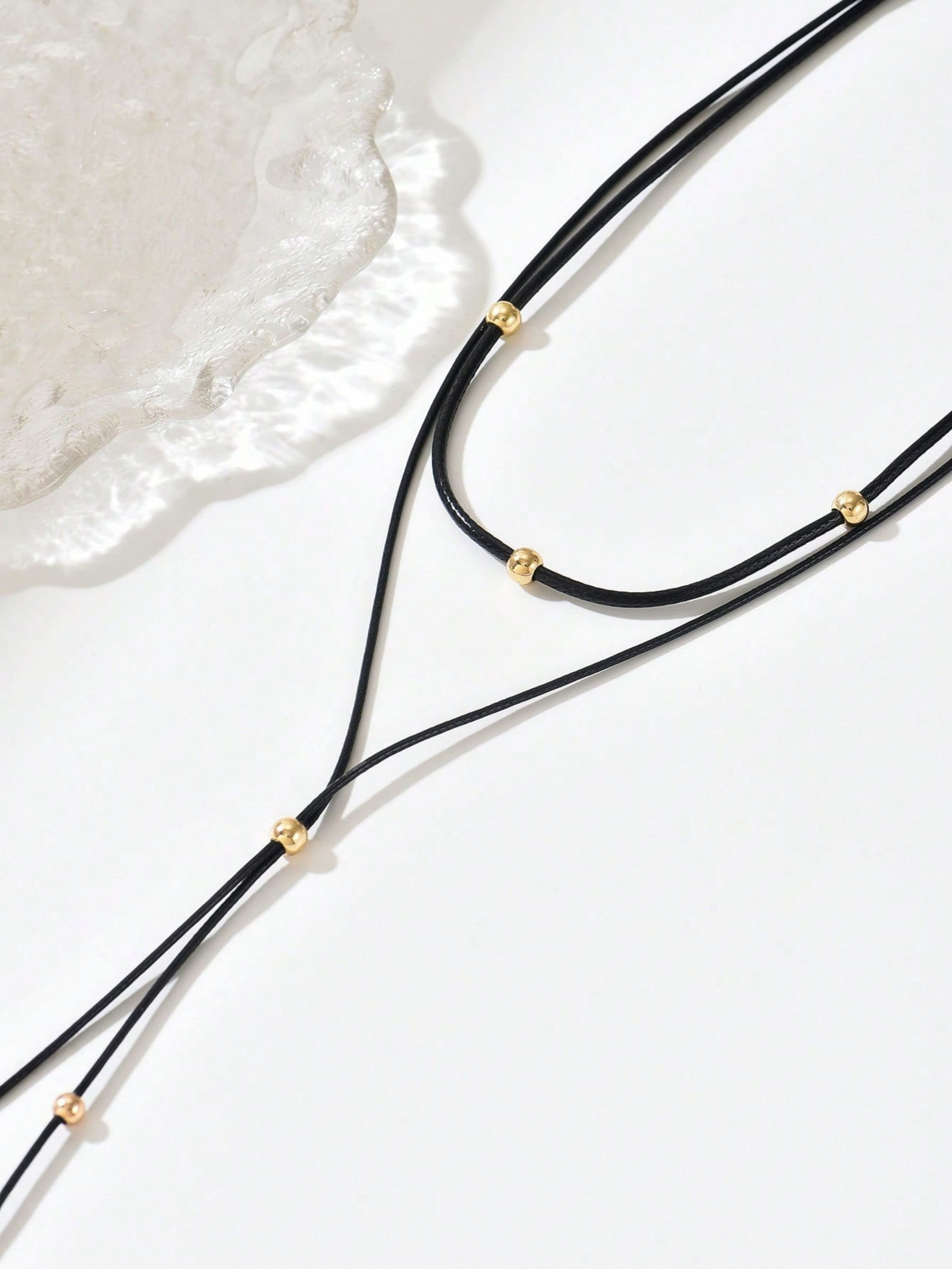 Black Cord Lariat Necklace with Gold Beads