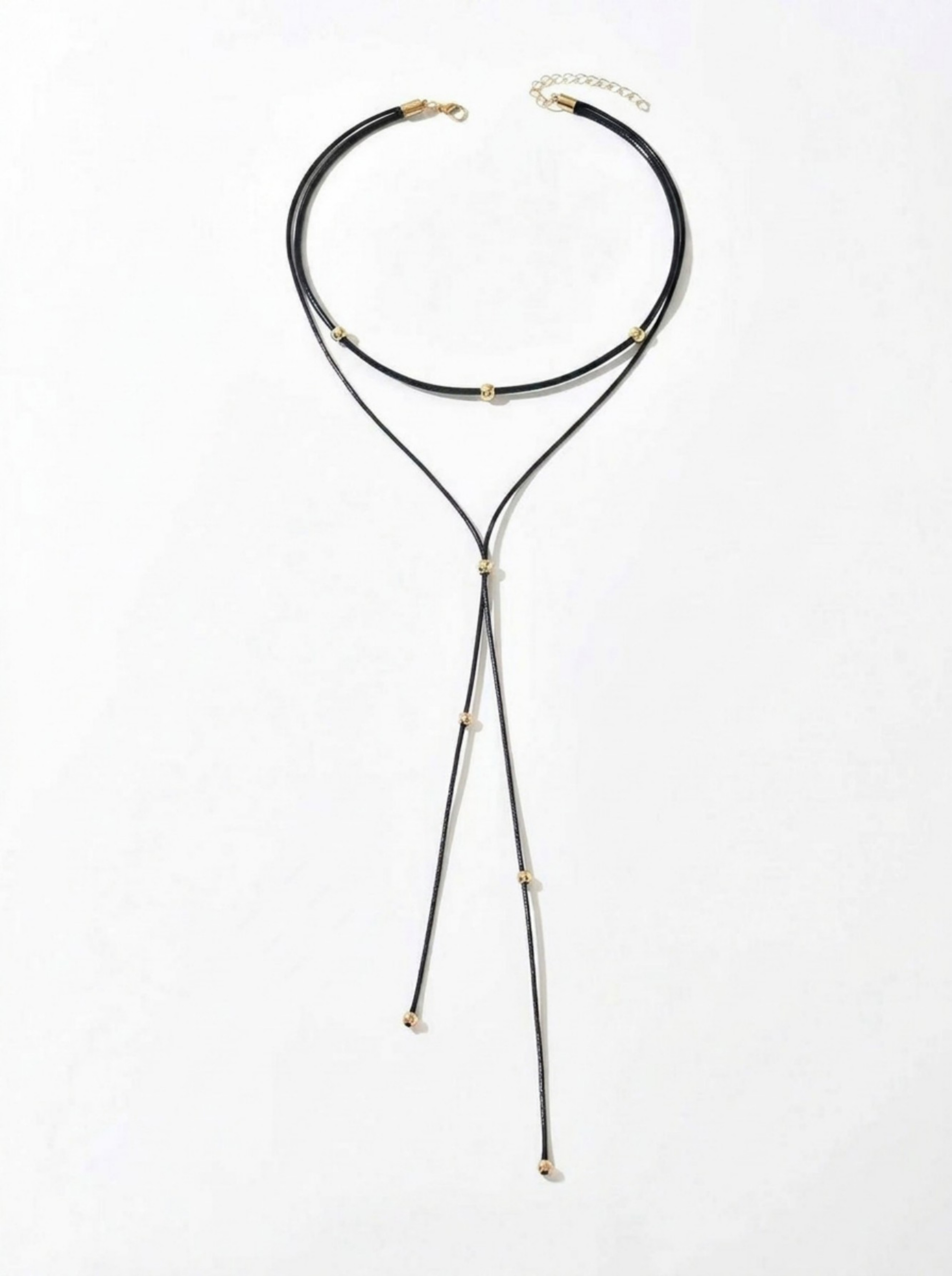 Black Cord Lariat Necklace with Gold Beads