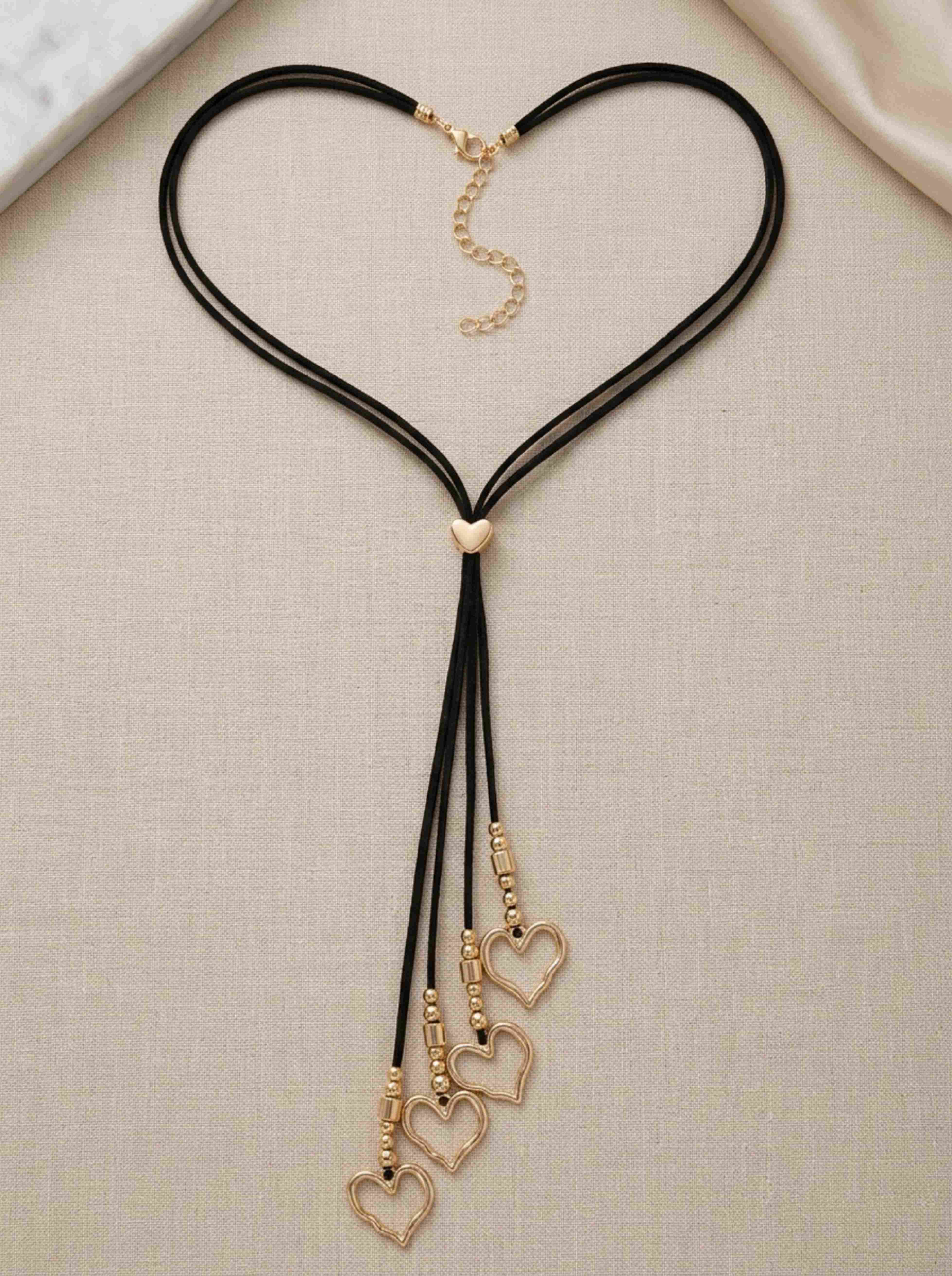 Black Cord Lariat Necklace with Golden Heart Pendants
