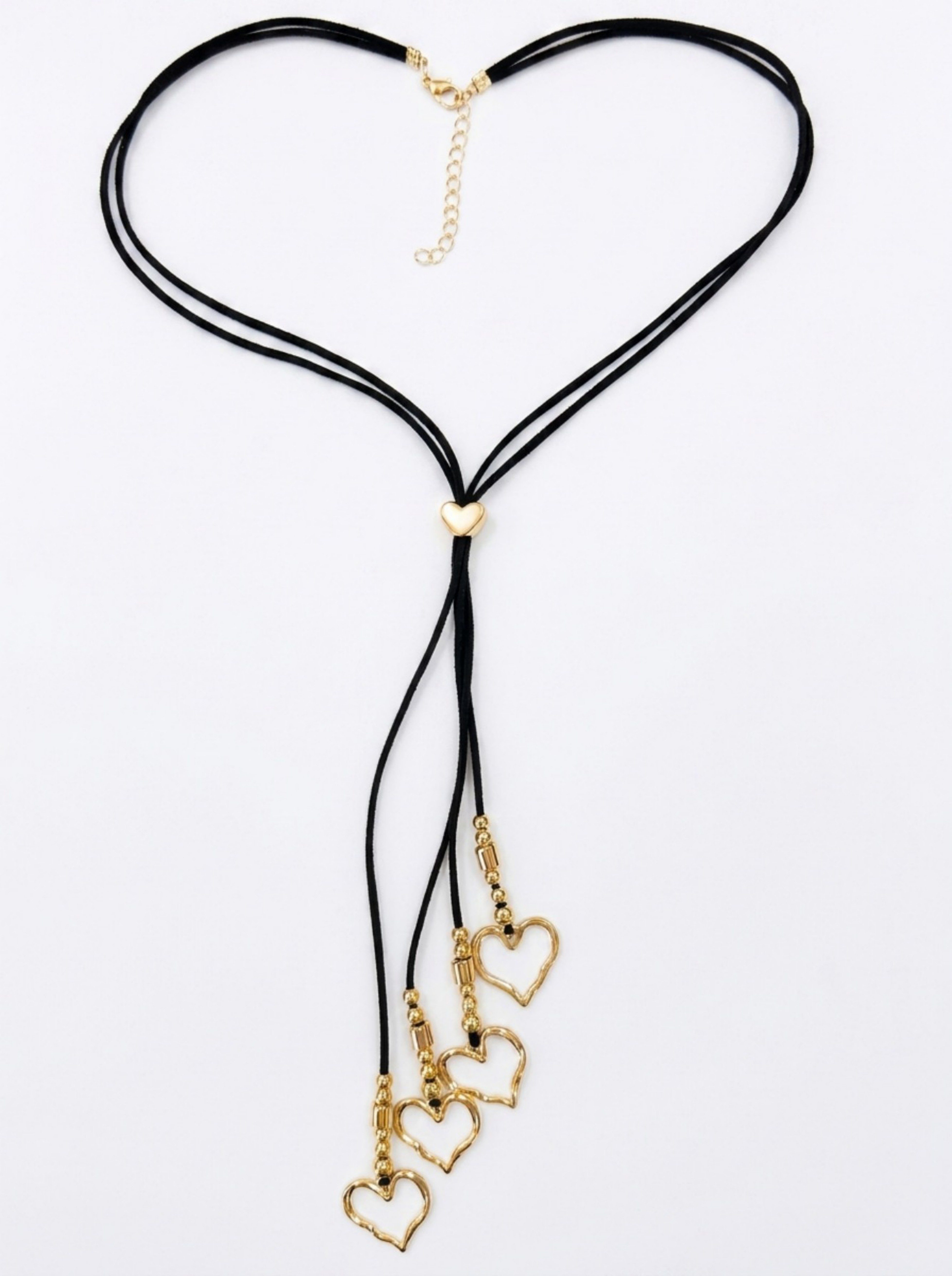 Black Cord Lariat Necklace with Golden Heart Pendants