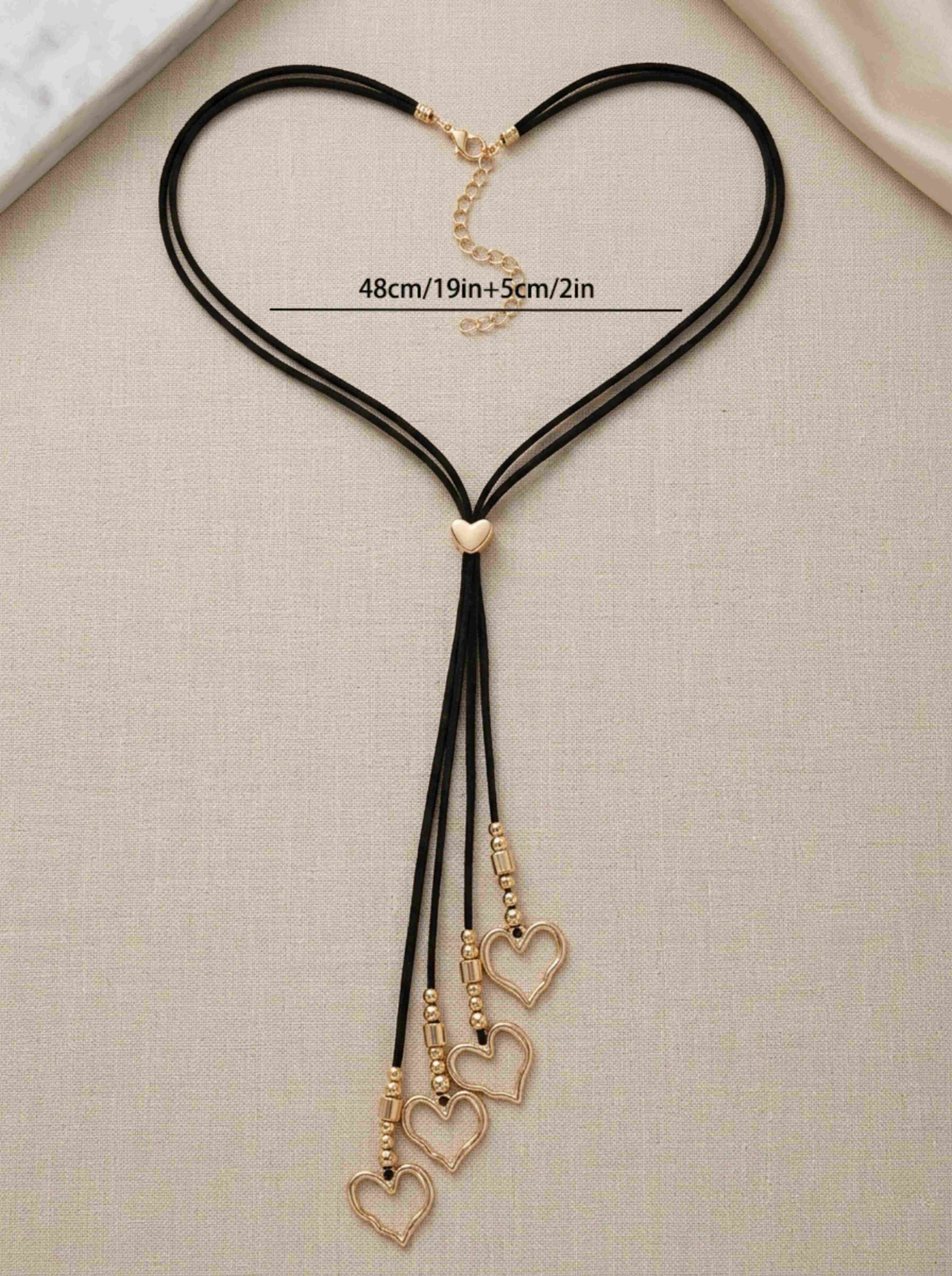 Black Cord Lariat Necklace with Golden Heart Pendants