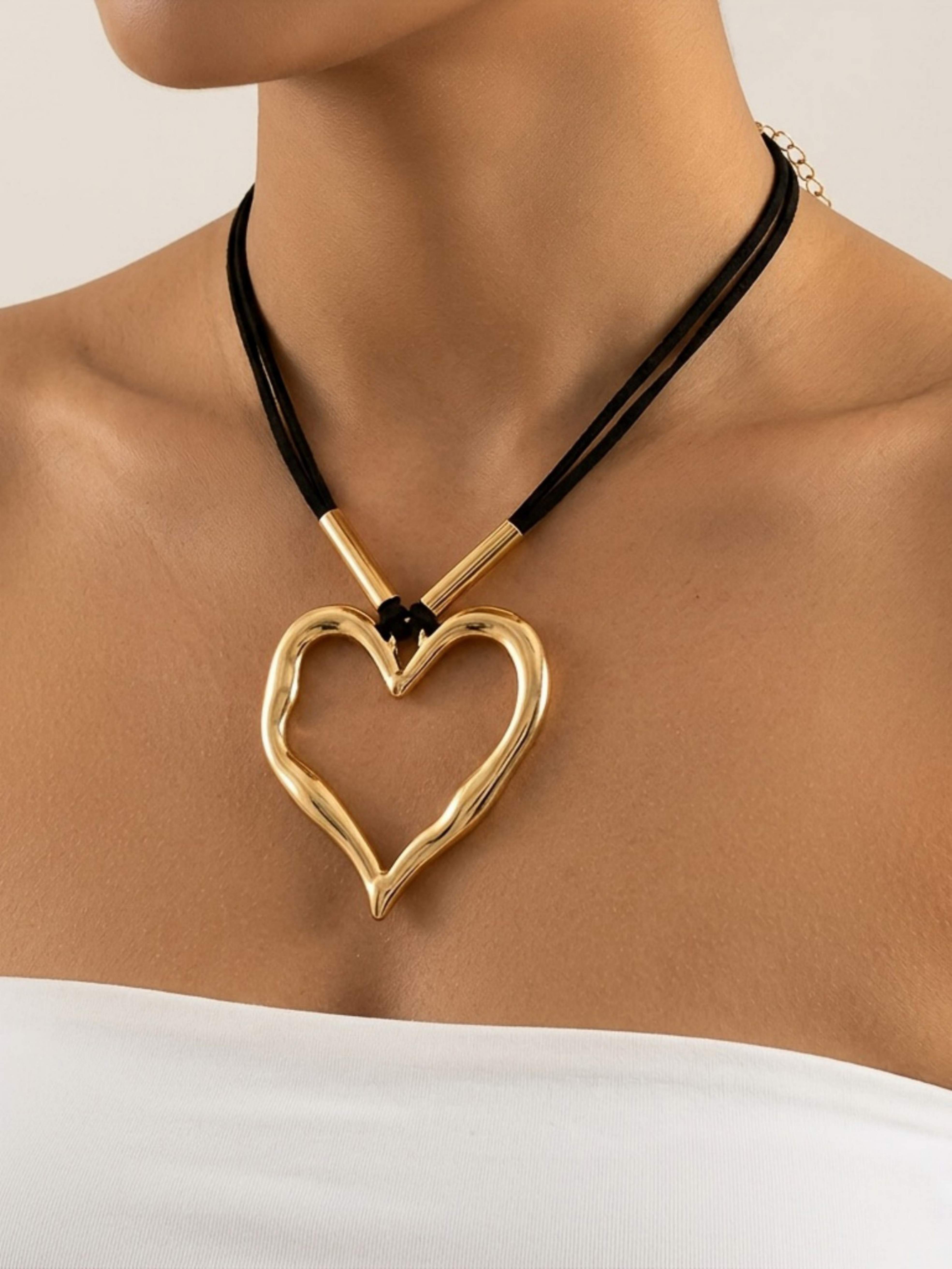 Gold Heart Pendant Black Cord Necklace - Casual 