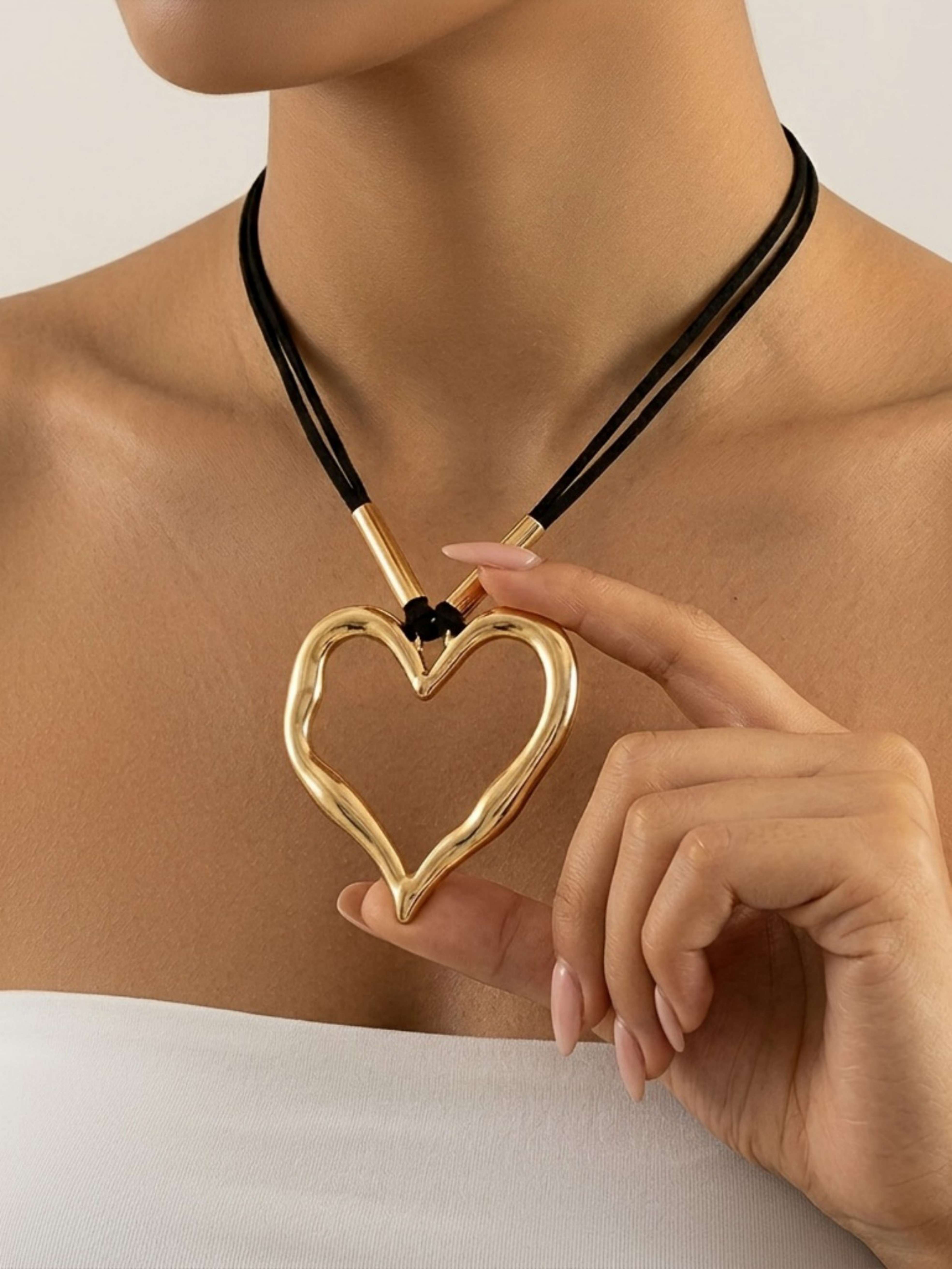 Gold Heart Pendant Black Cord Necklace - Casual 