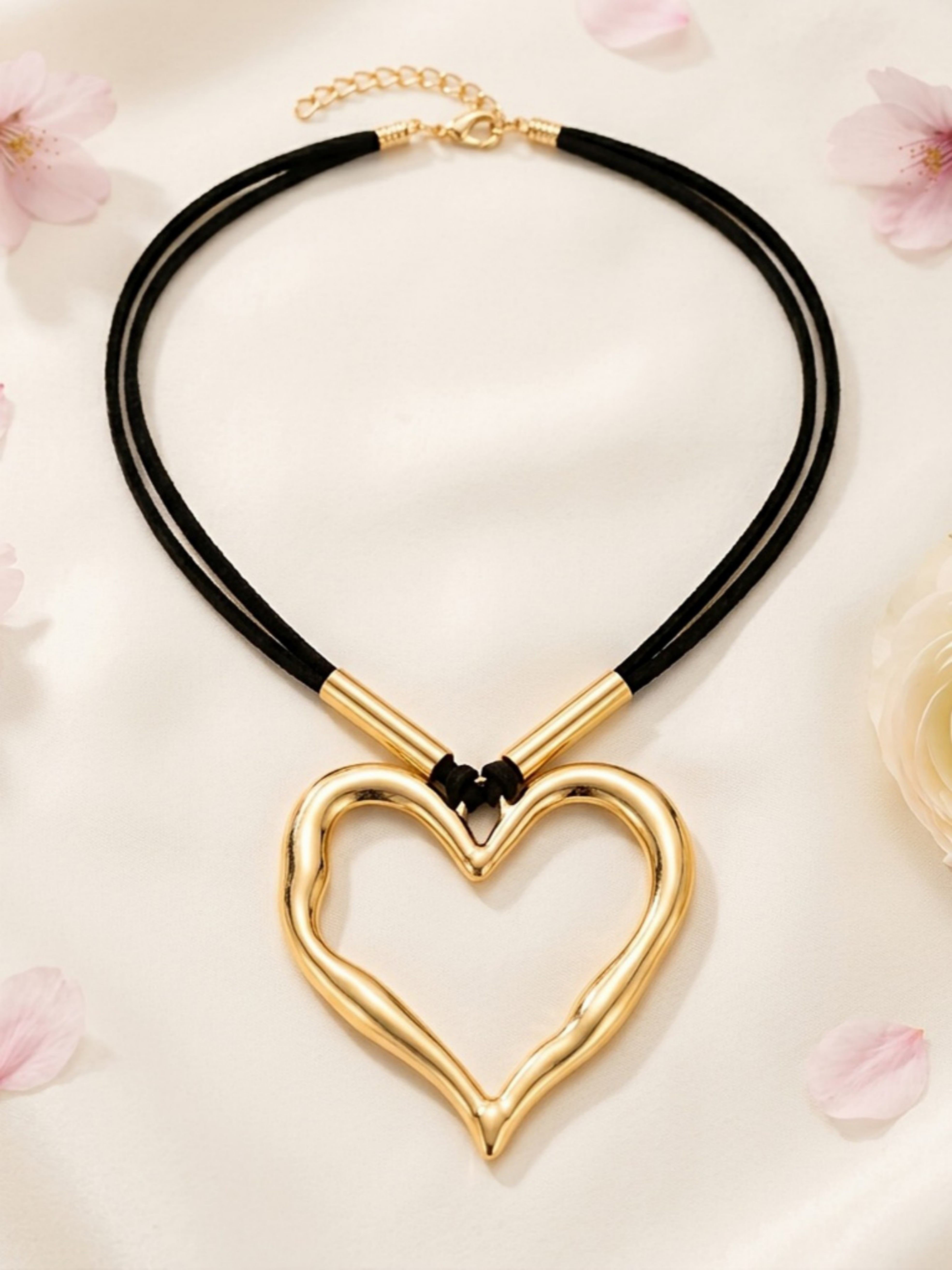 Gold Heart Pendant Black Cord Necklace - Casual 