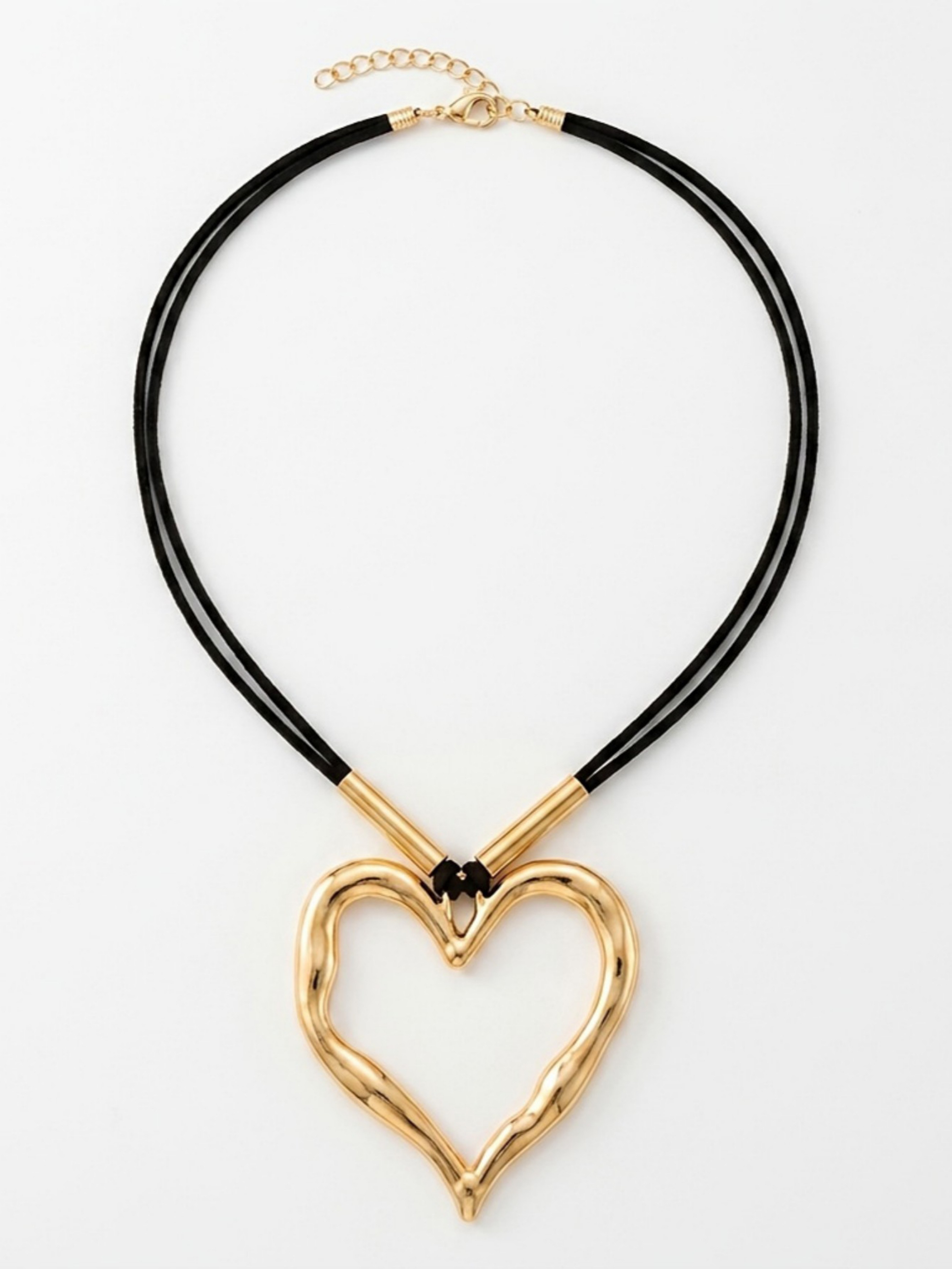 Gold Heart Pendant Black Cord Necklace - Casual 