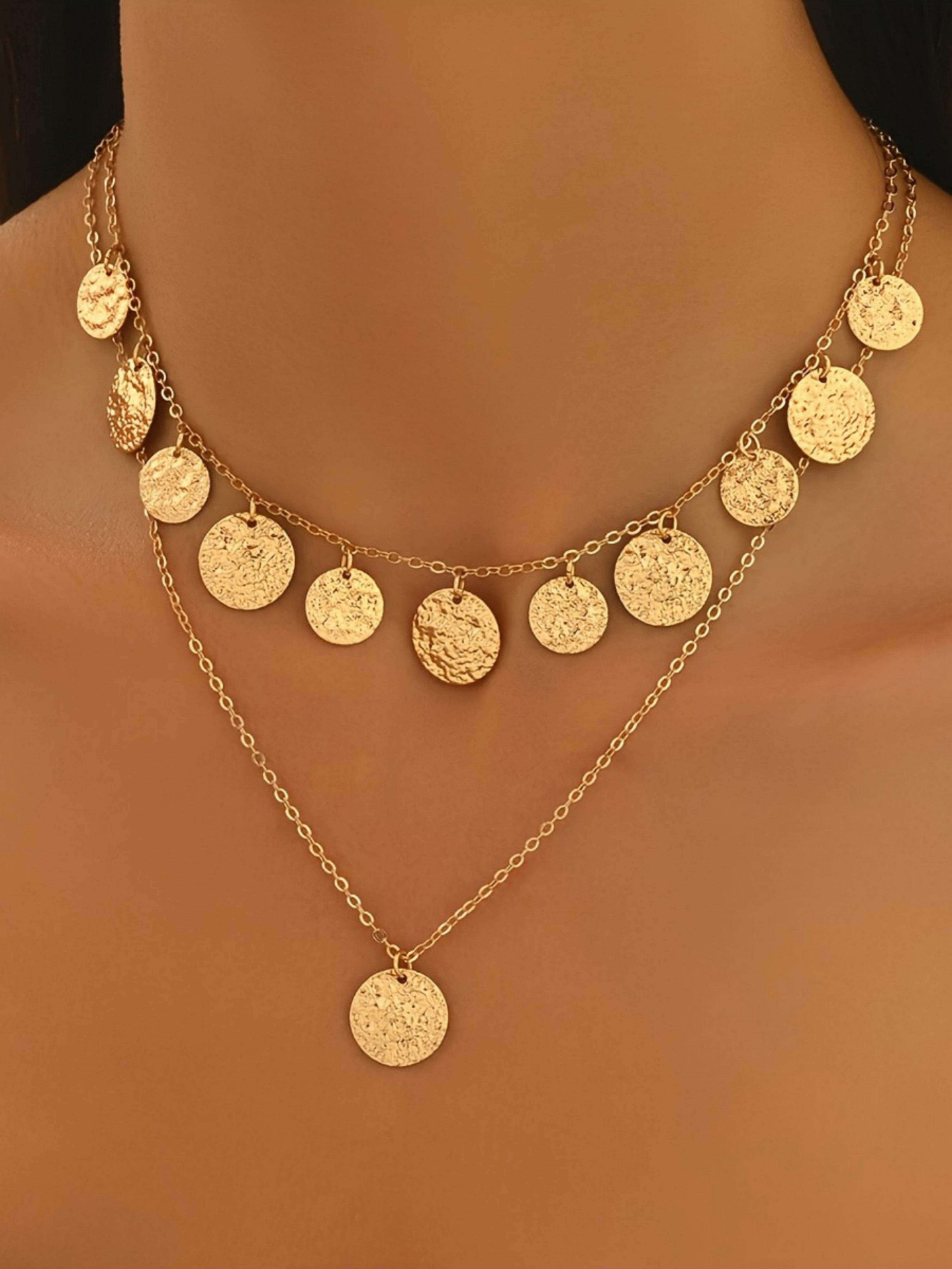 Vintage Double Layer Hammered Disc Necklace