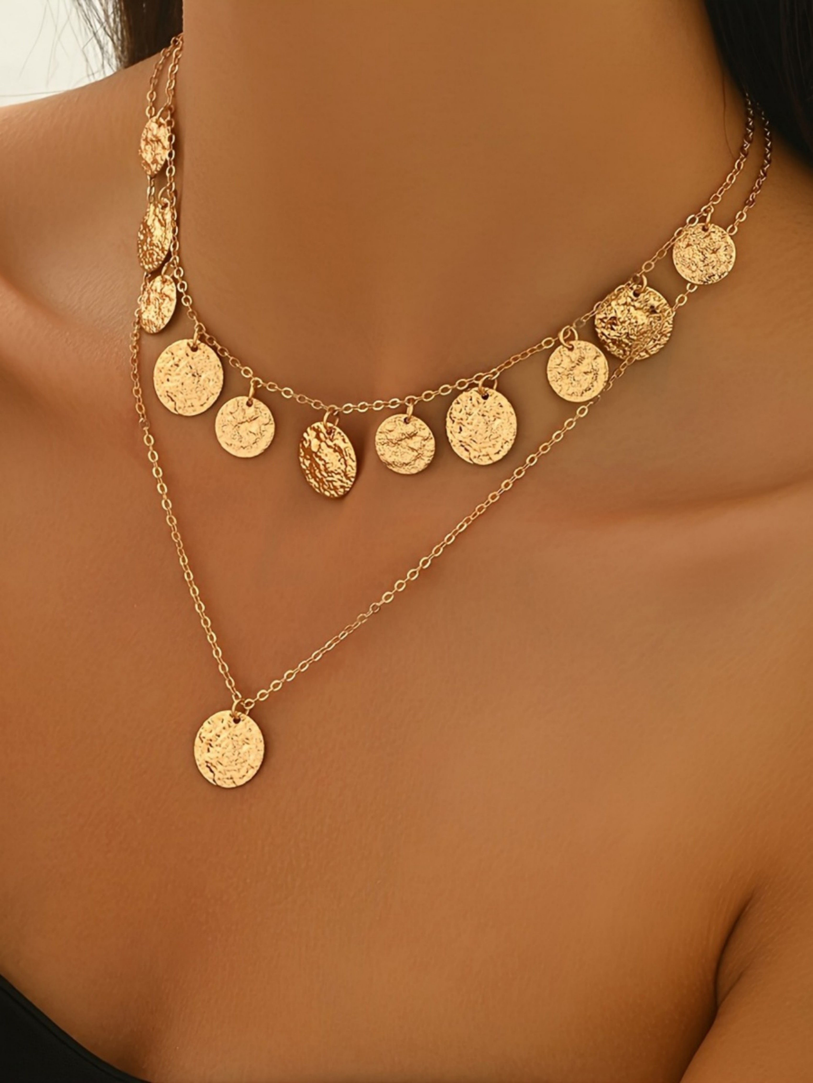 Vintage Double Layer Hammered Disc Necklace