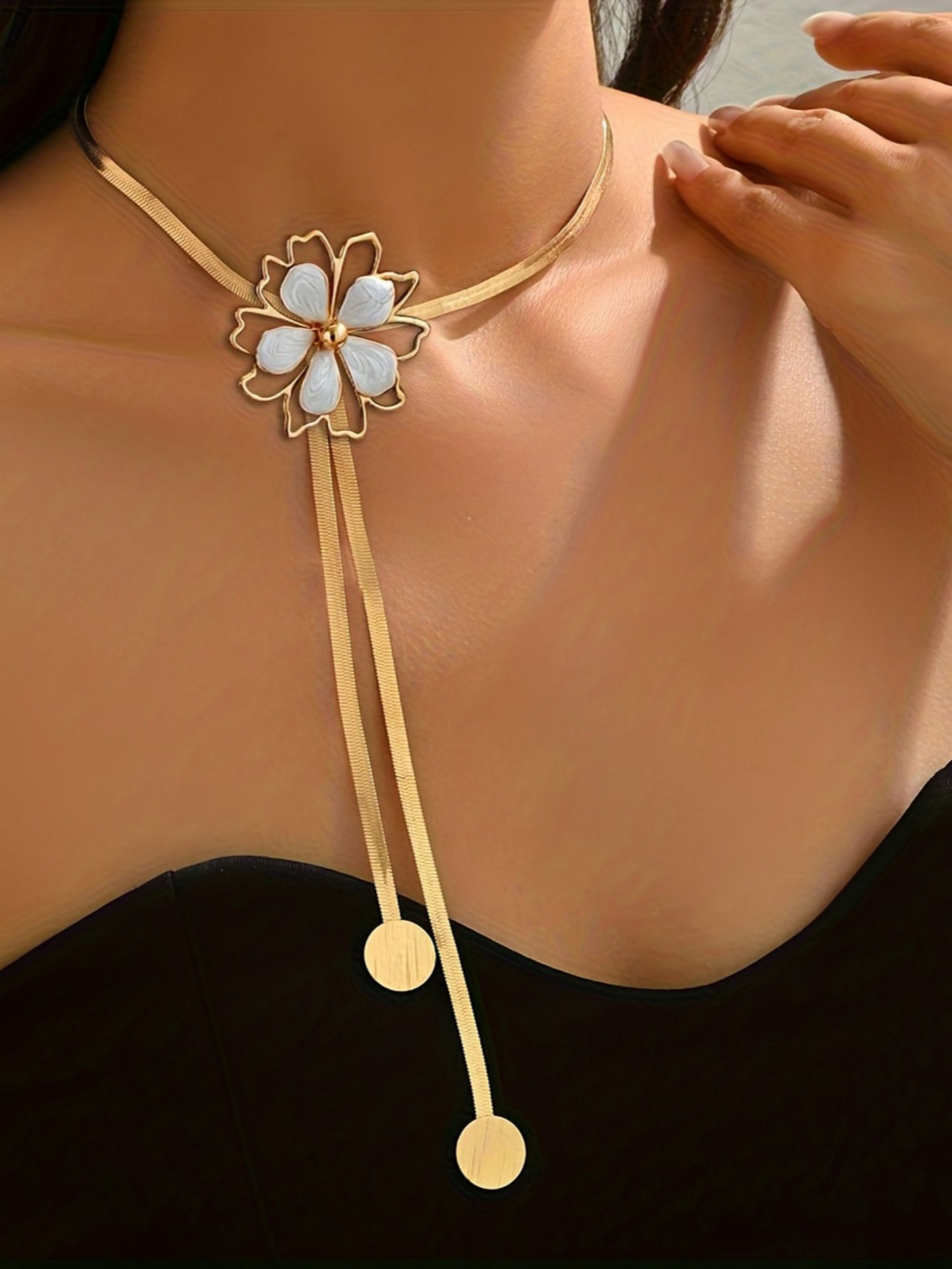 Gold Flower Choker Necklace with Tassel Detail