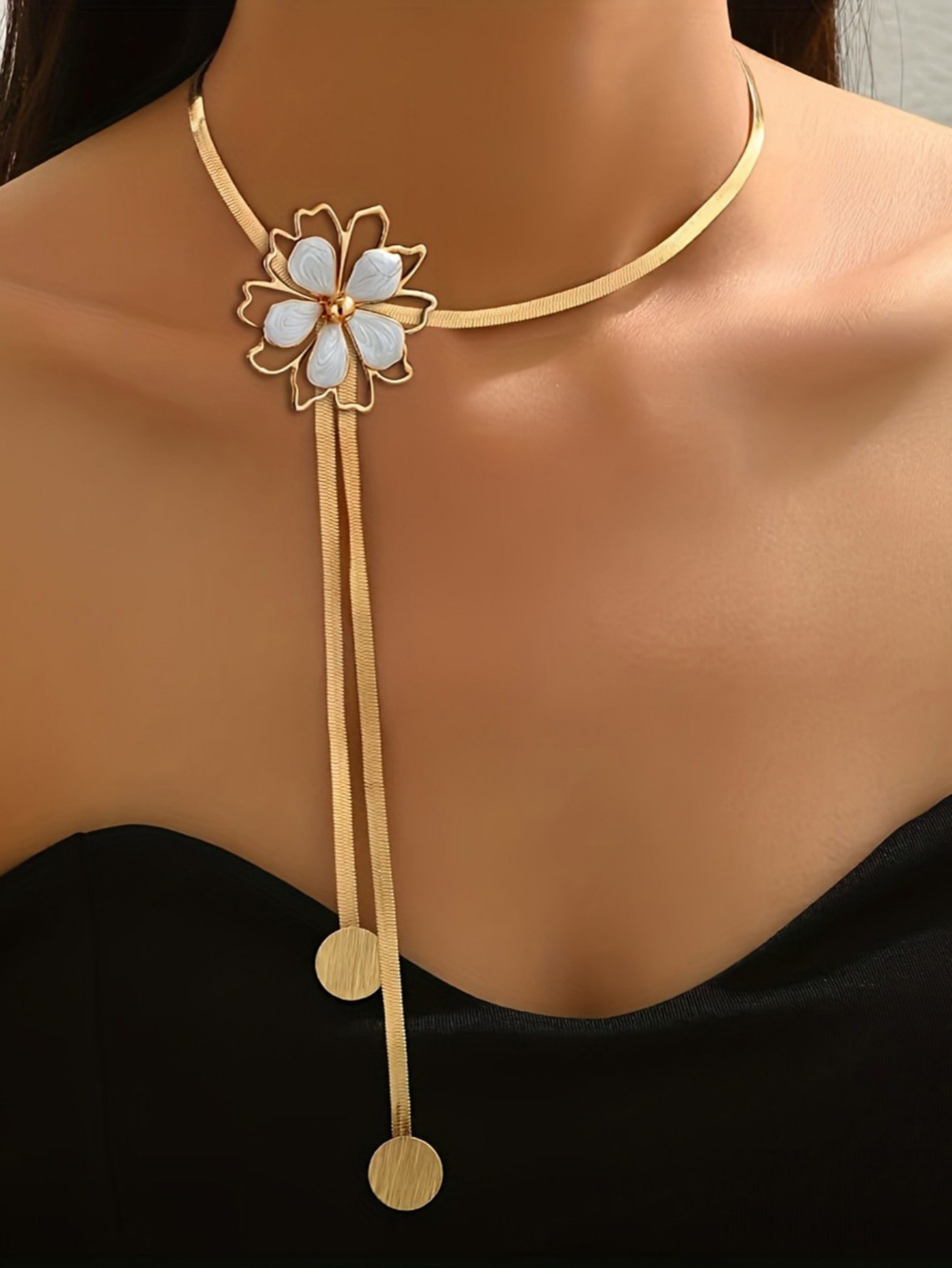 Gold Flower Choker Necklace with Tassel Detail